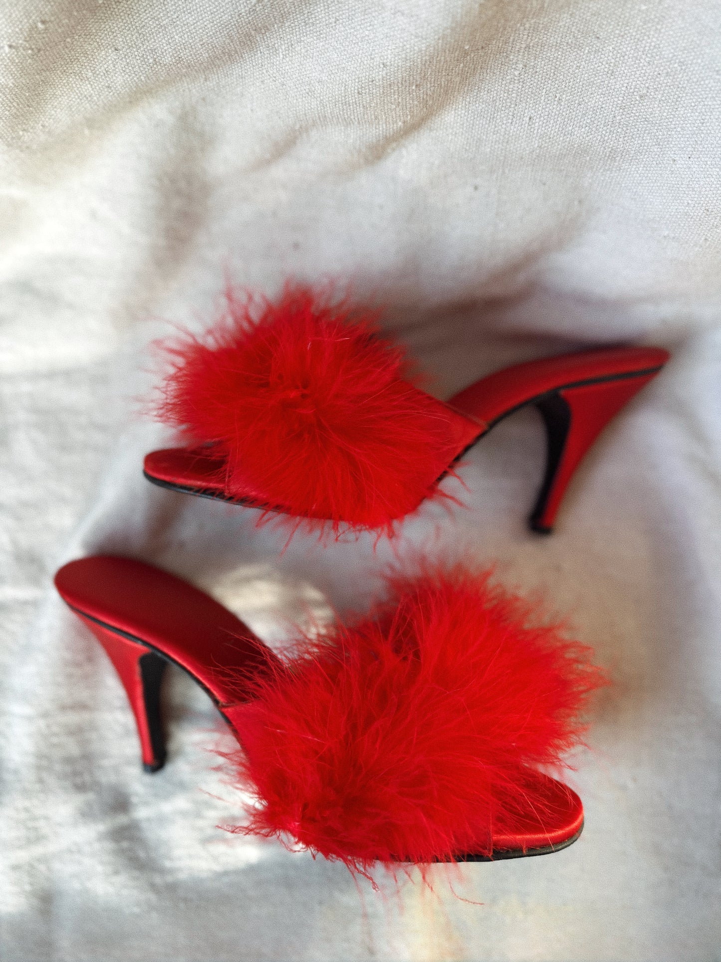 1950s Fire Red Marabou Feather Boudoir Satin Heels- 8