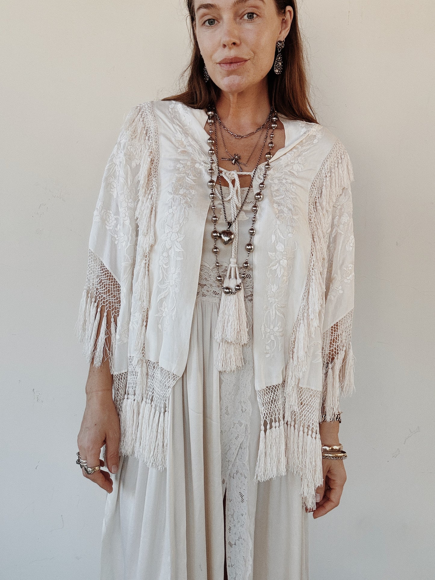 1920s Ivory Cantonese Silk Embroidered Shawl w/ Fringe + Tassels- S-M/L