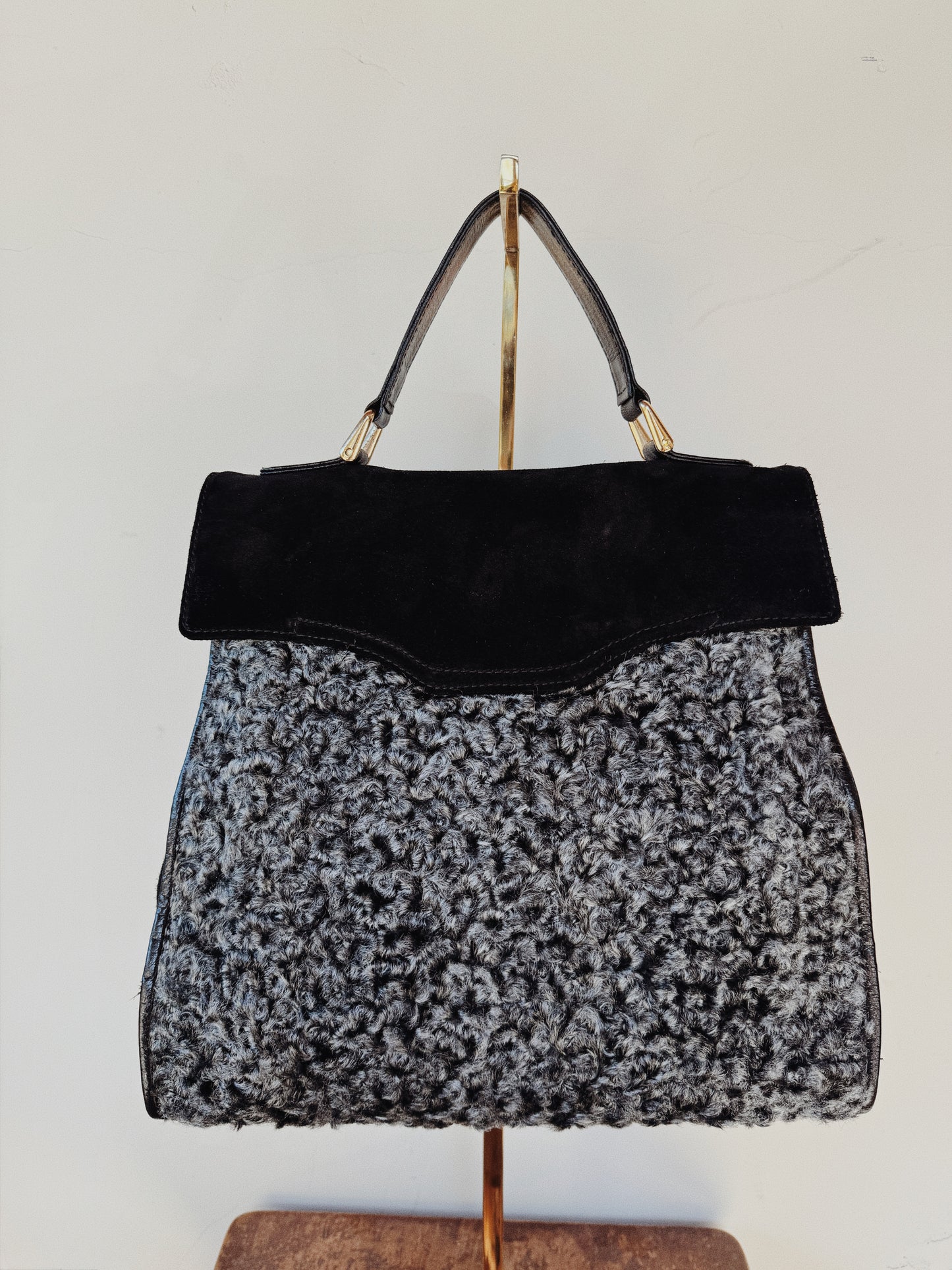 1970s Black Suede + Curly Lamb Jumbo Top Handle Bag