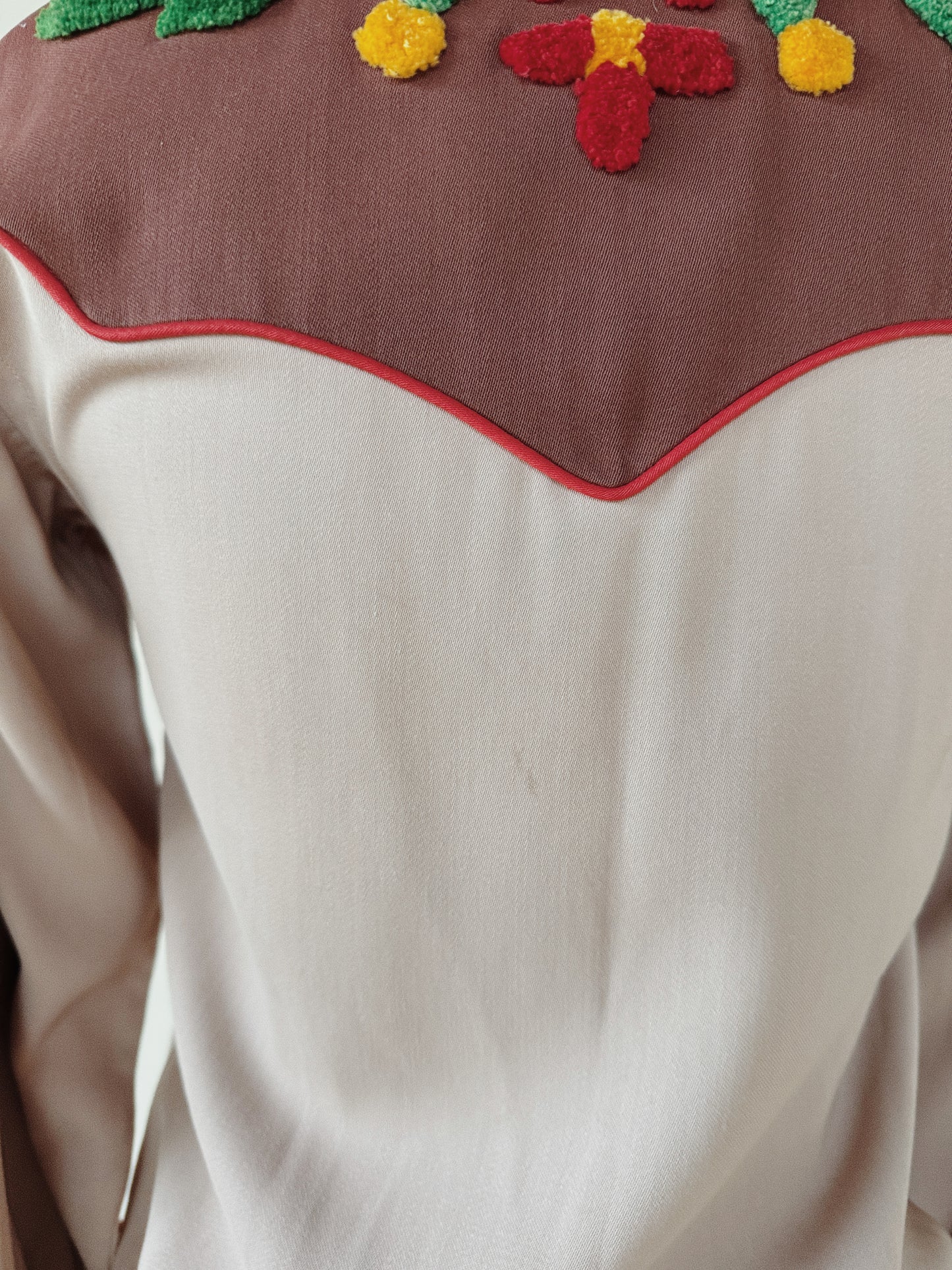 1940s/50s Gabardine Western Top w/ Chenille Floral Appliqué- S-S/M