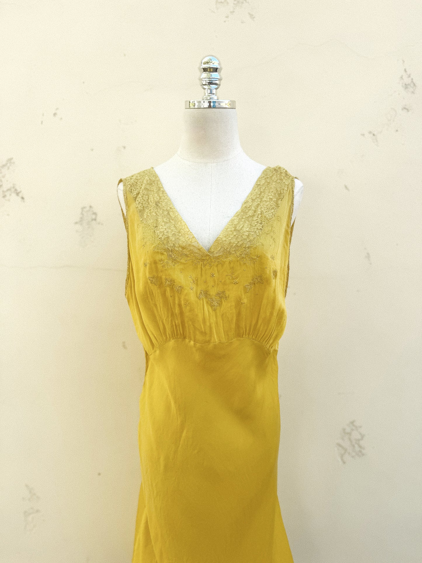 1930s Electric Mustard Silk Slip Dress w/ Floral Lace Inserts- M
