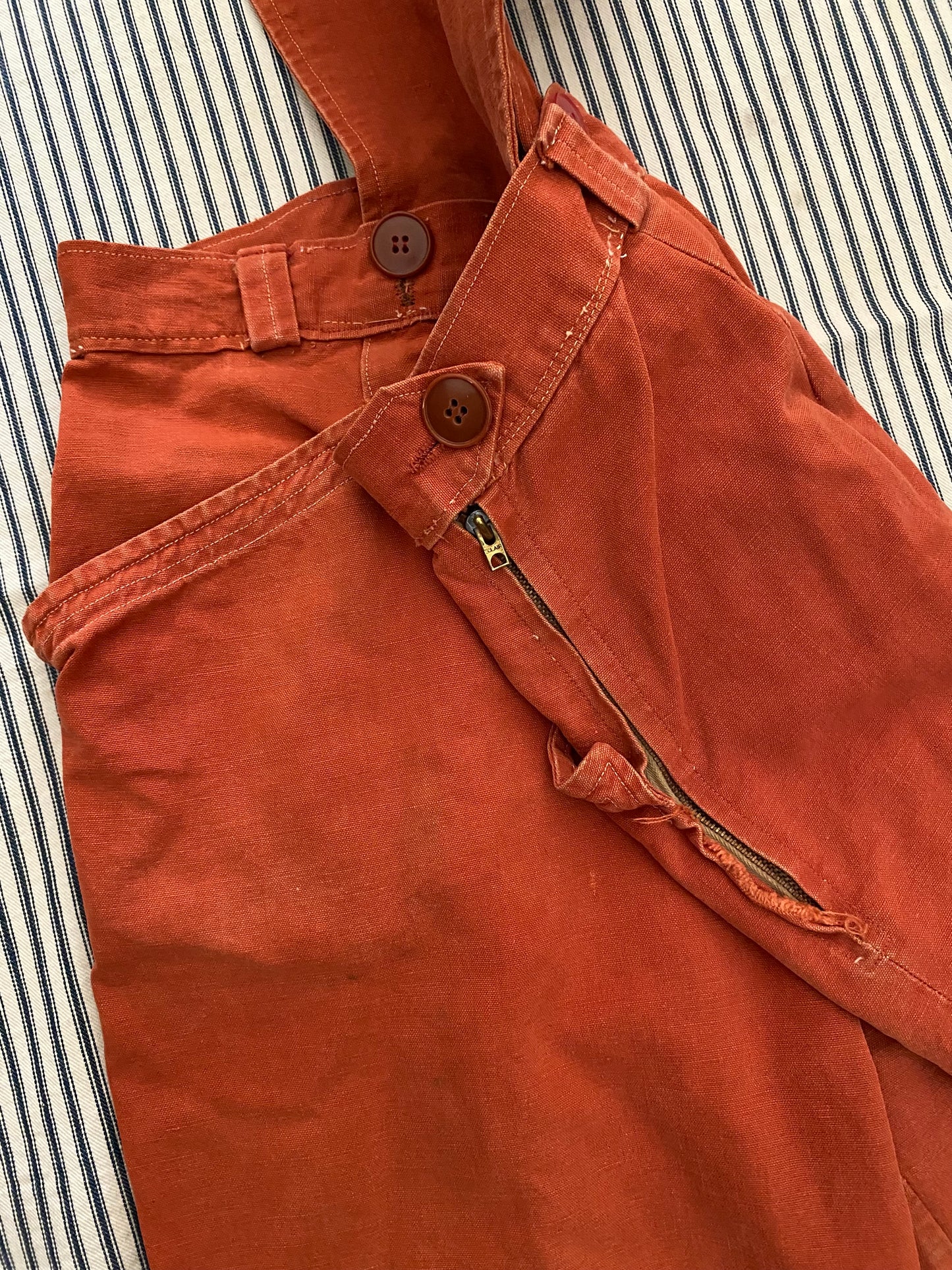 Early 1940s French Burnt Orange Overalls w/ Deco Details- 5/6