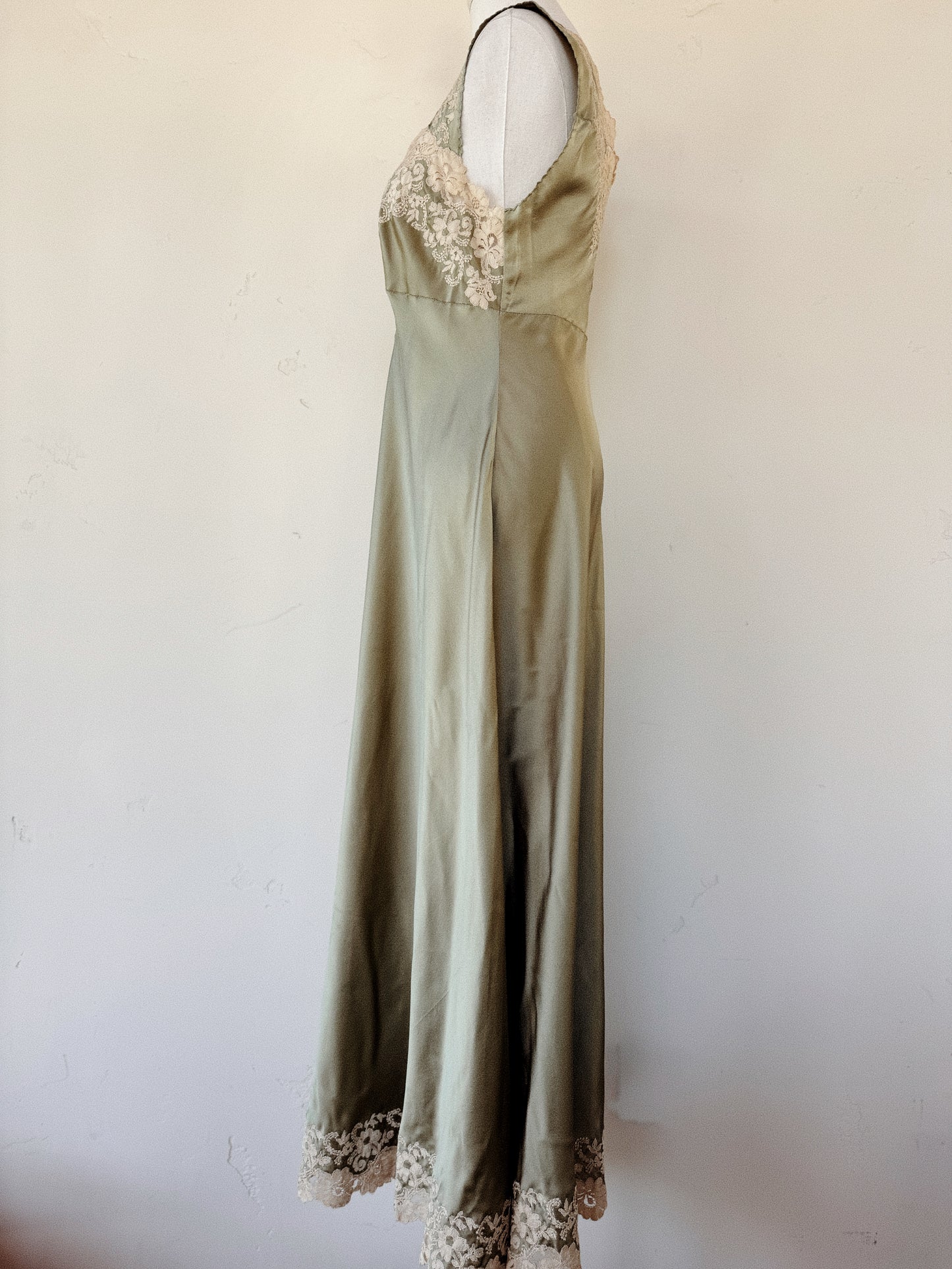 1930s Sage Charmeuse Silk Slip Dress w/ Ecru Lace Trim- S/M