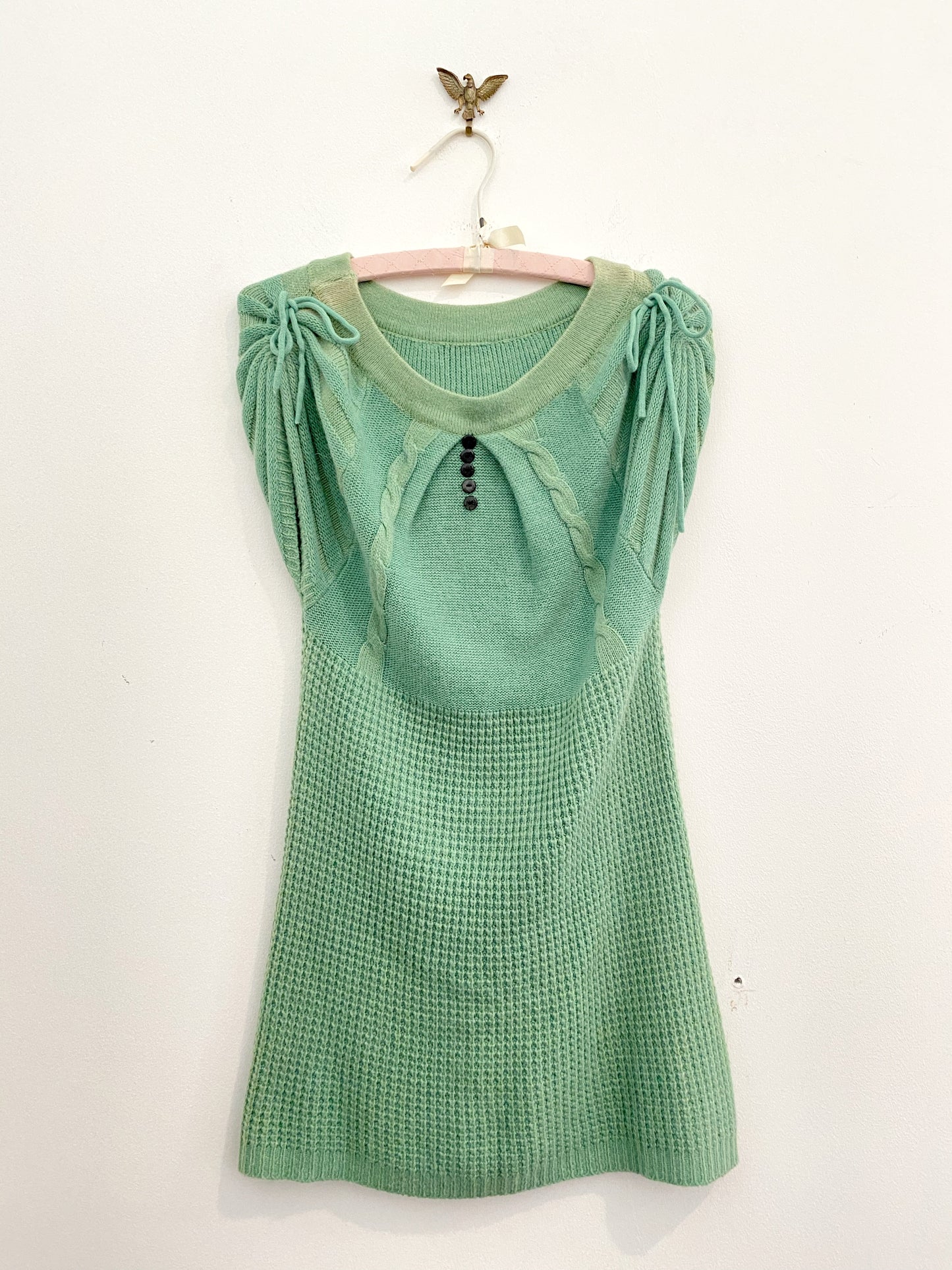 1960s/70s- Minty Green Waffle Knit Mini Dress- S