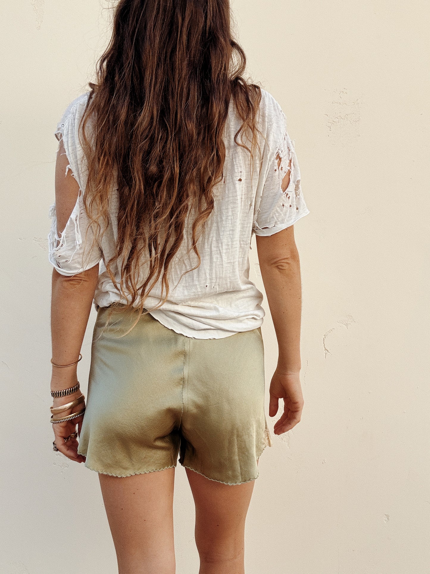 1930w Sage Charmeuse Silk + Lace Tap Shorts- S/M