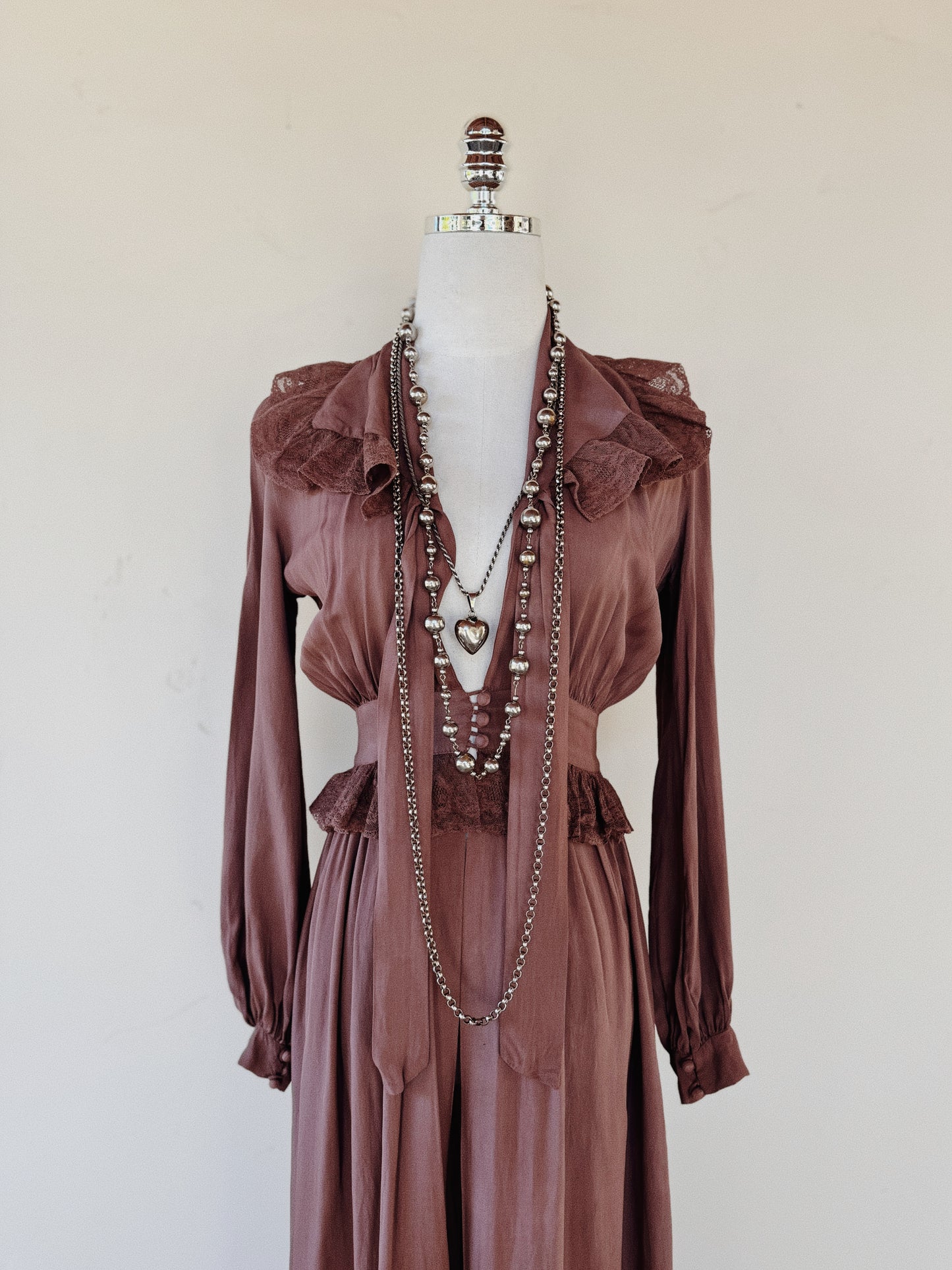 1940s Brown Rayon + Lace Peignoir- XS/S