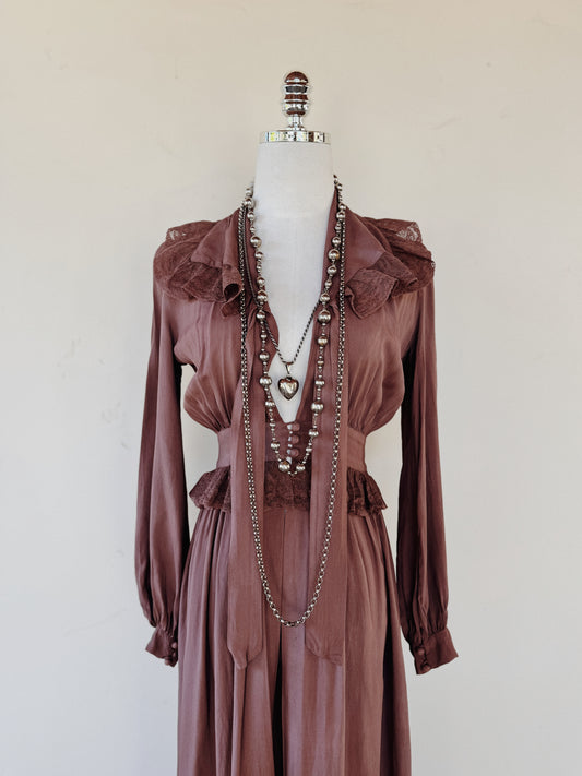 1940s Brown Rayon + Lace Peignoir- XS/S