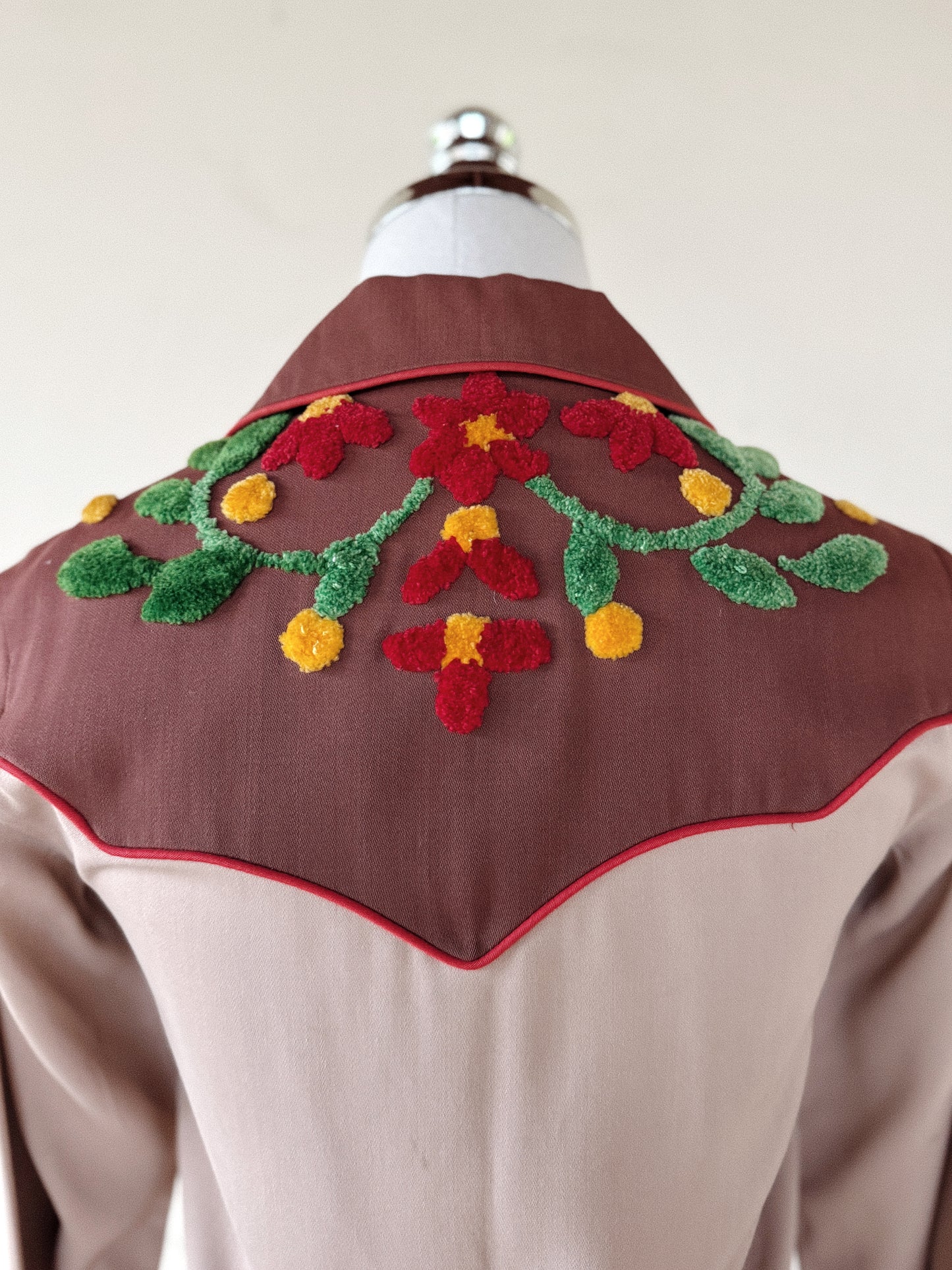 1940s/50s Gabardine Western Top w/ Chenille Floral Appliqué- S-S/M
