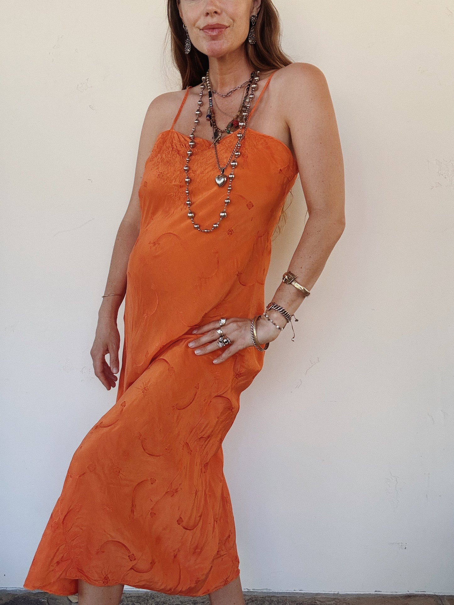 1930s Aperol Silk Jacquard Embroidered Slip Dress- M-M/L