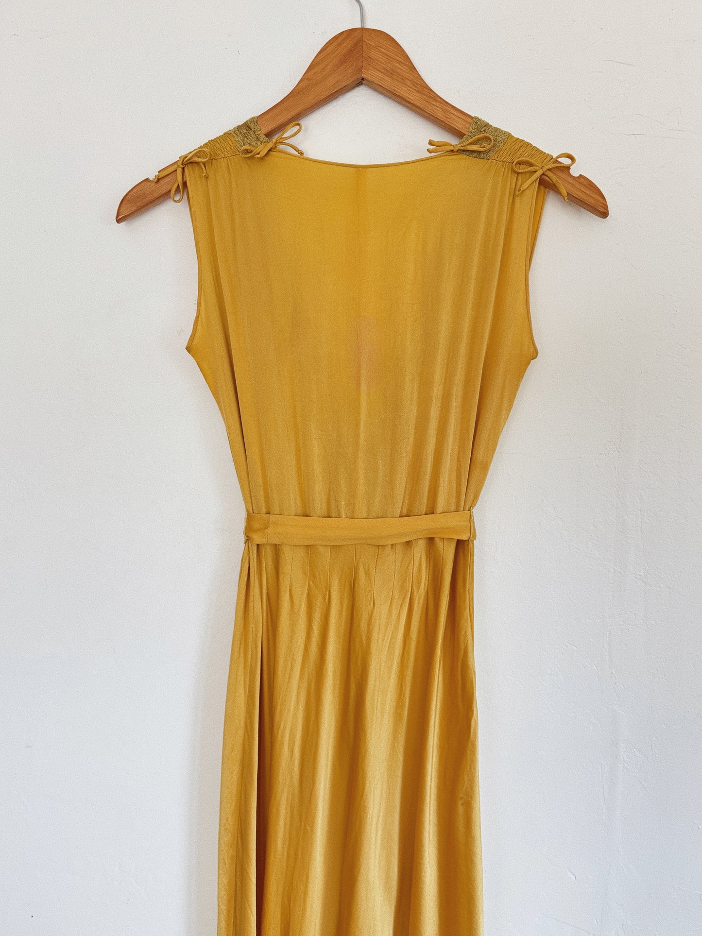 1930s Golden Saffron Silk Clover Embroidered Slip Dress- S-S/M
