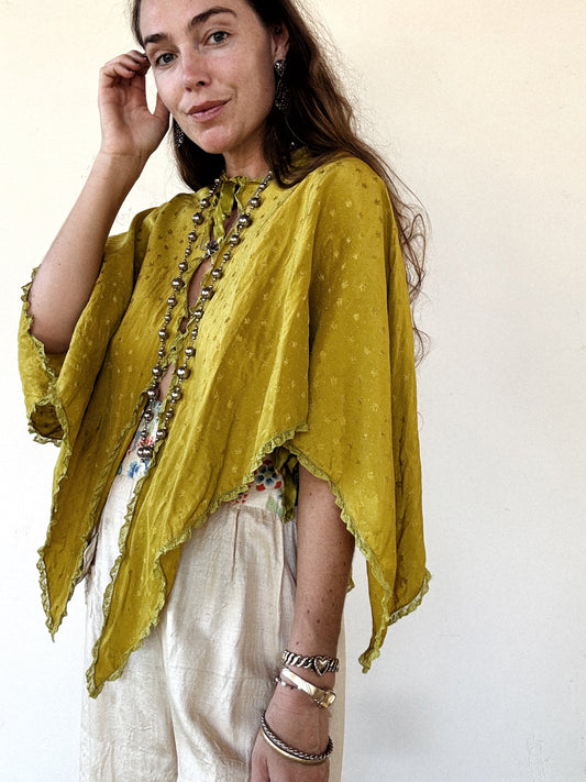 1930s Olive Silk Handkerchief Bed Jacket- S-M