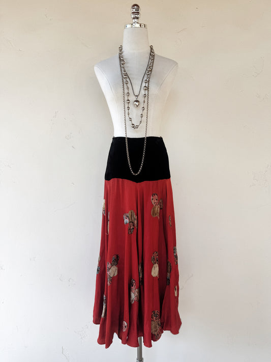 1920s/30s Black Velvet Gypsy Skirt w/ Lamé Floral Appliqué- S