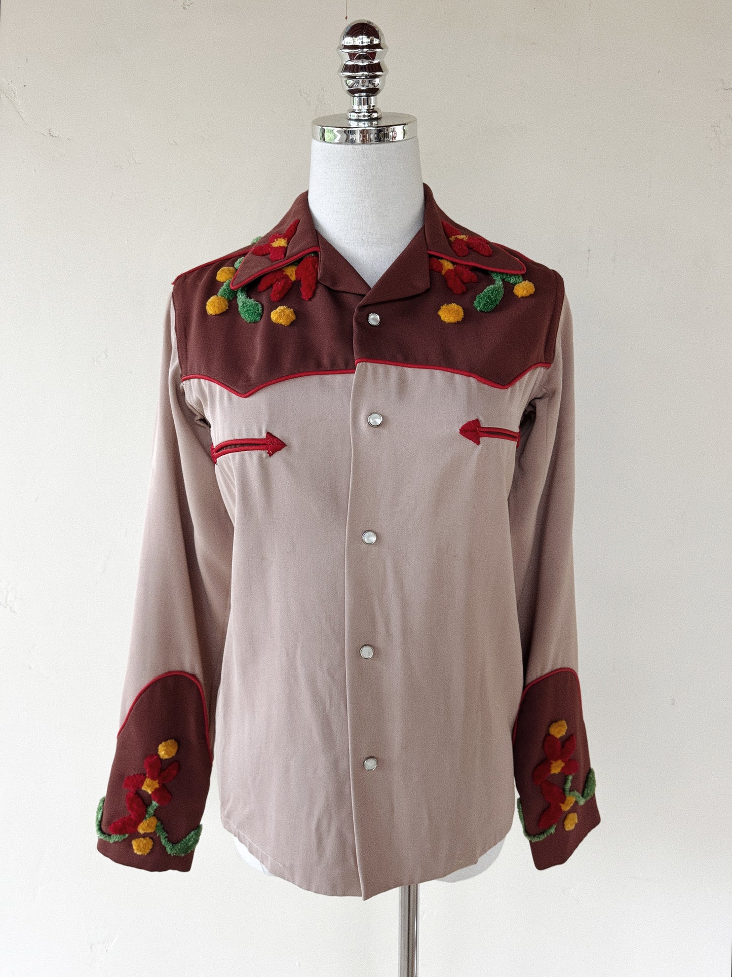 1940s/50s Gabardine Western Top w/ Chenille Floral Appliqué- S-S/M