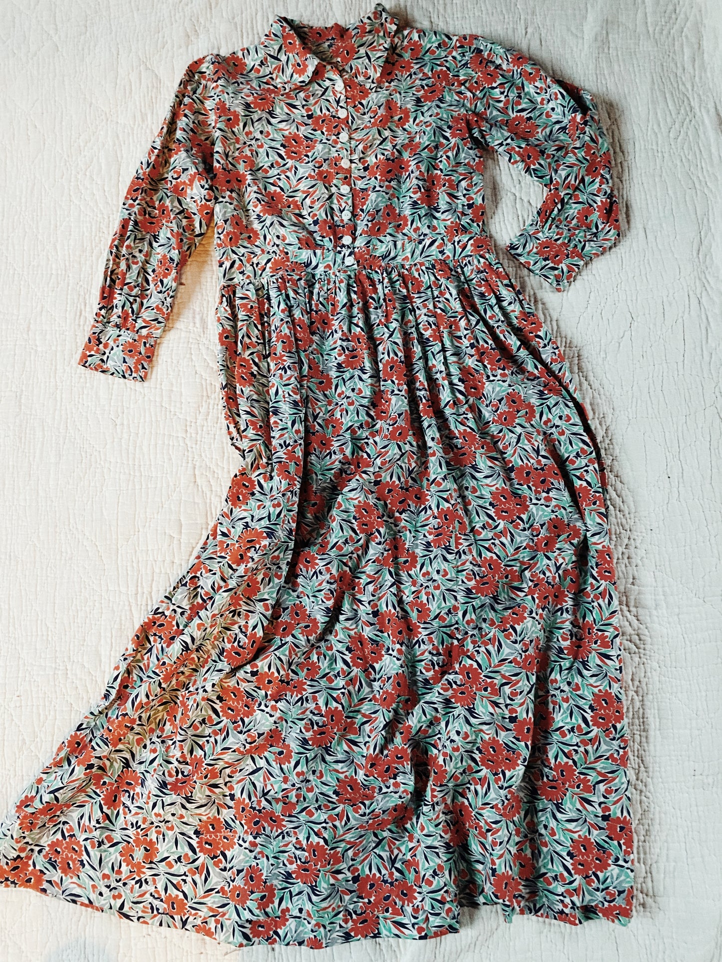 1930s/40s Red Floral Cotton Maxi Dress- M/L