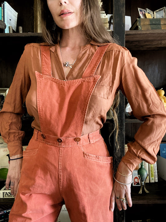 Early 1940s French Burnt Orange Overalls w/ Deco Details- 5/6