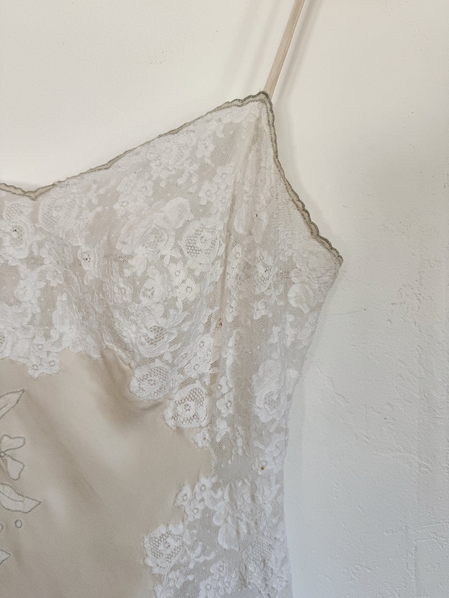 1940s/50s Ultra Pure White Lace + Silk Slip Dress w/ Pale Blue Flowers- S-M