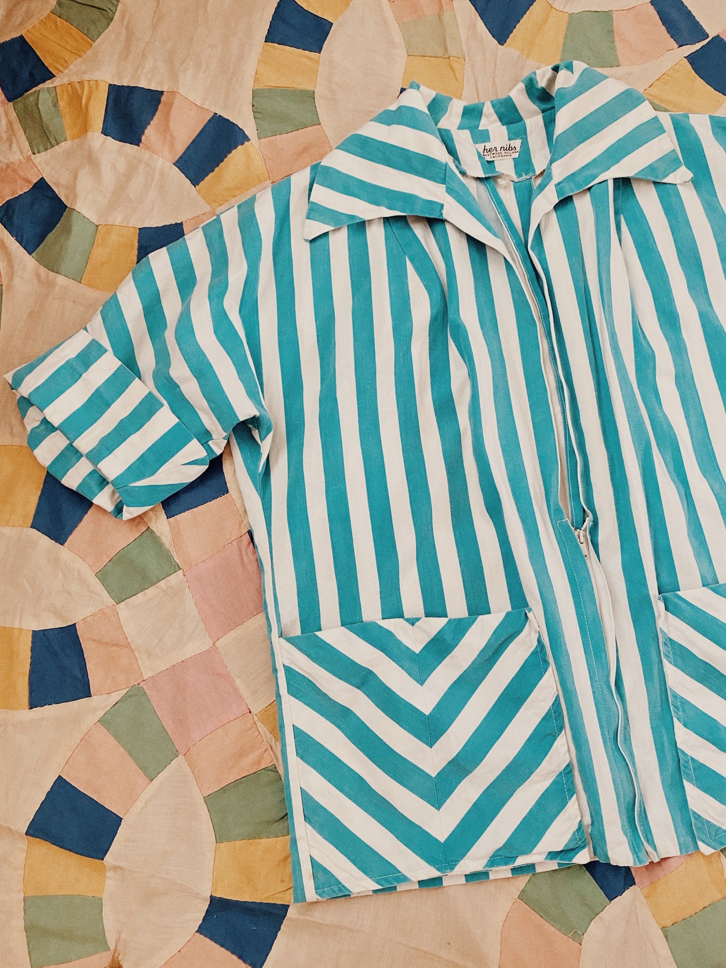 1950s White + Blue Striped Cotton Sportswear Cabana Top- M