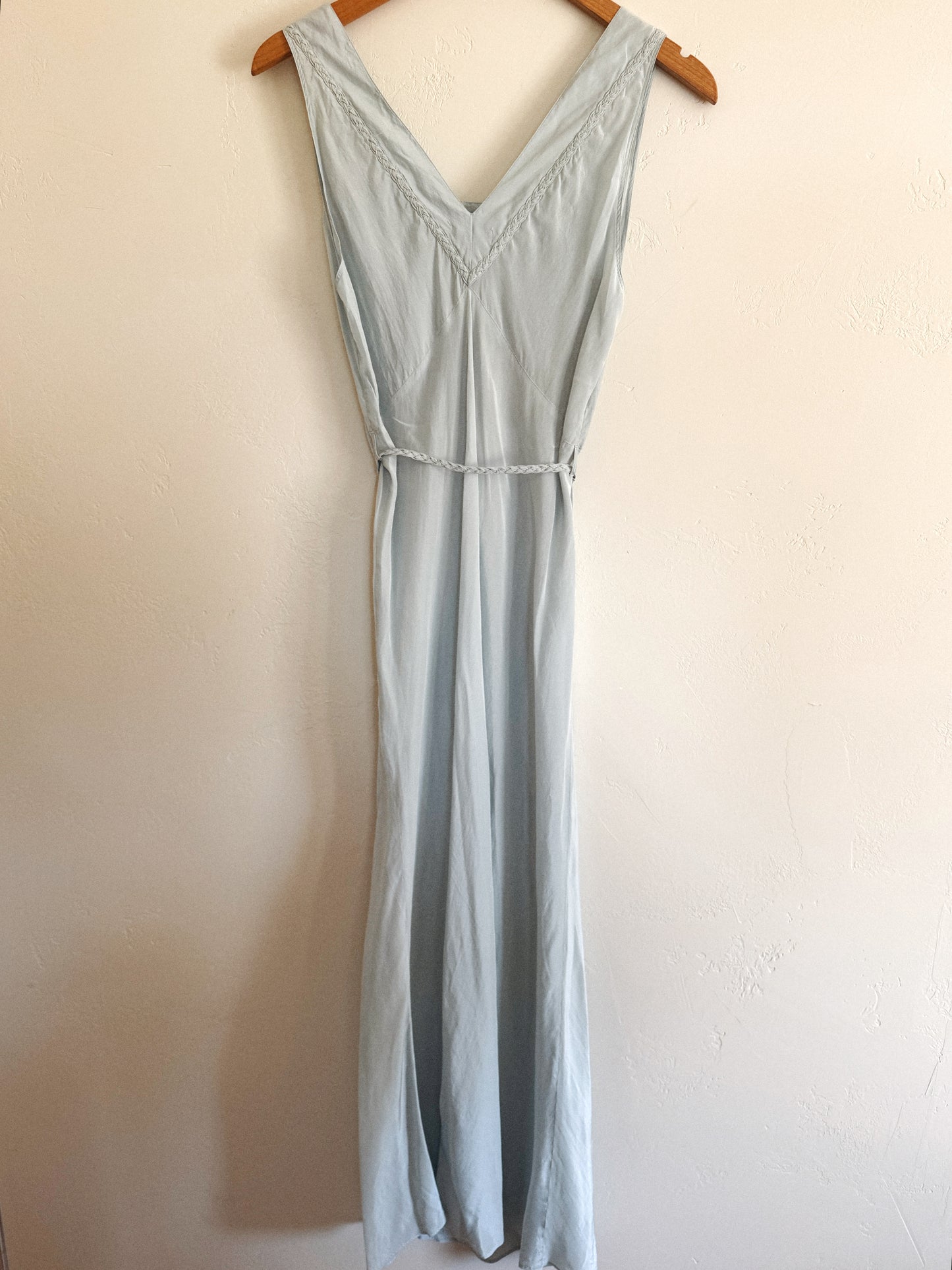 1940s Icy Blue Silk Crepe Slip w/ Braided Trim + Sash- S/M-M