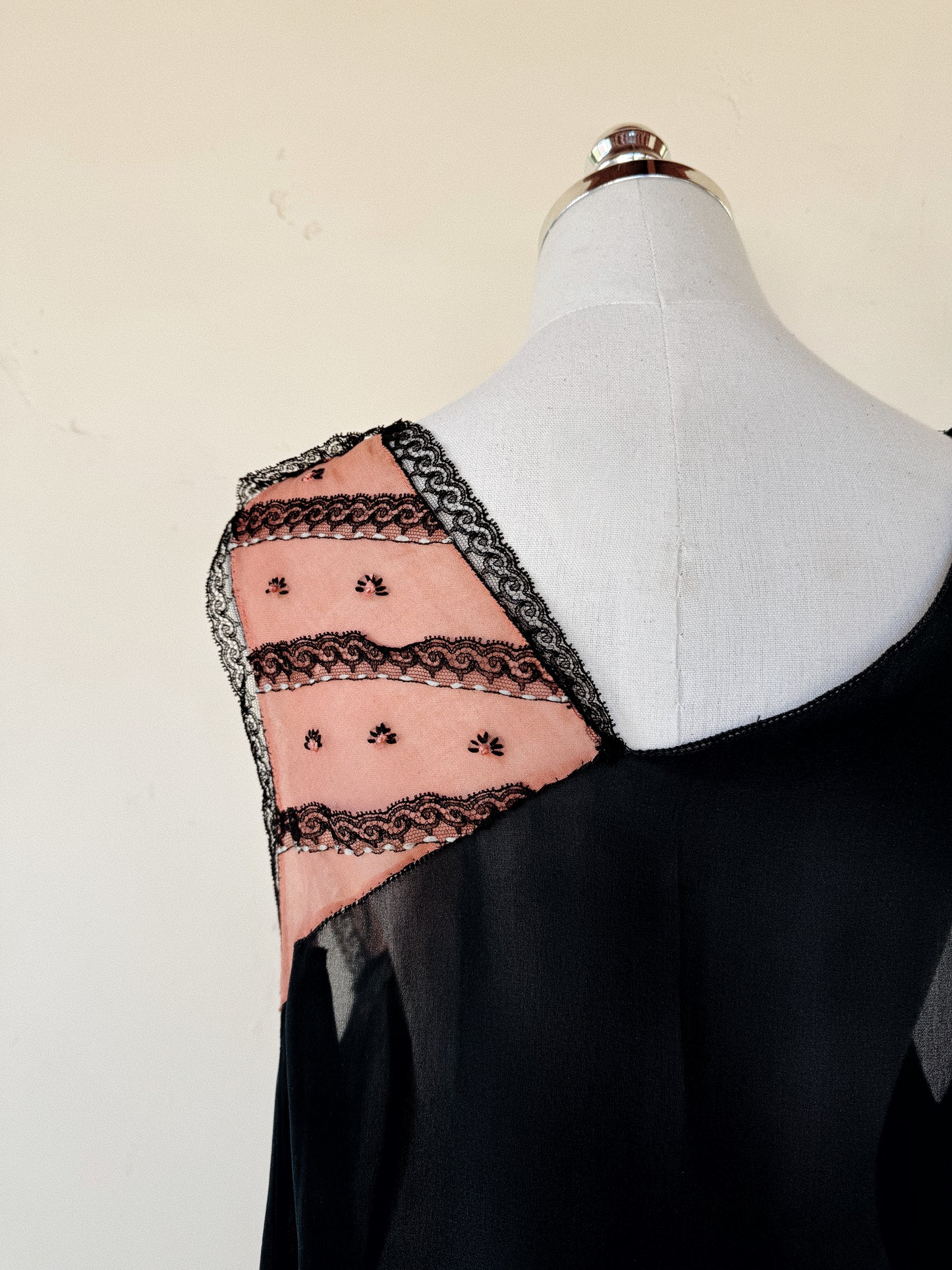 1920s Black Chiffon + Salmon Embroidered Shift Dress w/ Handkerchief Hem- M