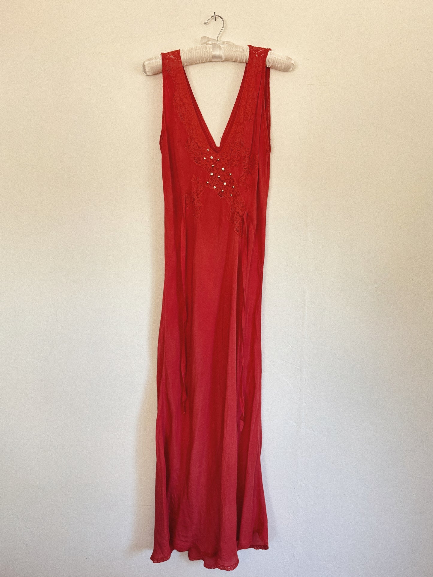 1930s Negroni Red Embellished Silk + Lace Slip Dress- S/M-M