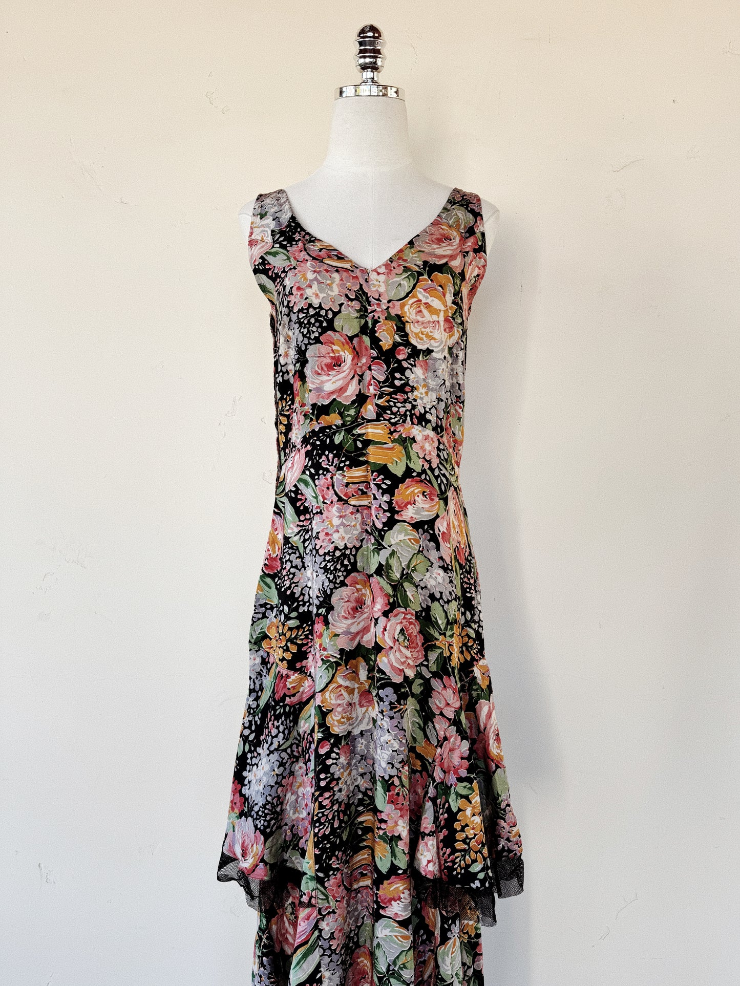 1930s Black Multicolor Floral Silk Gown w/ Mesh Trim- S/M