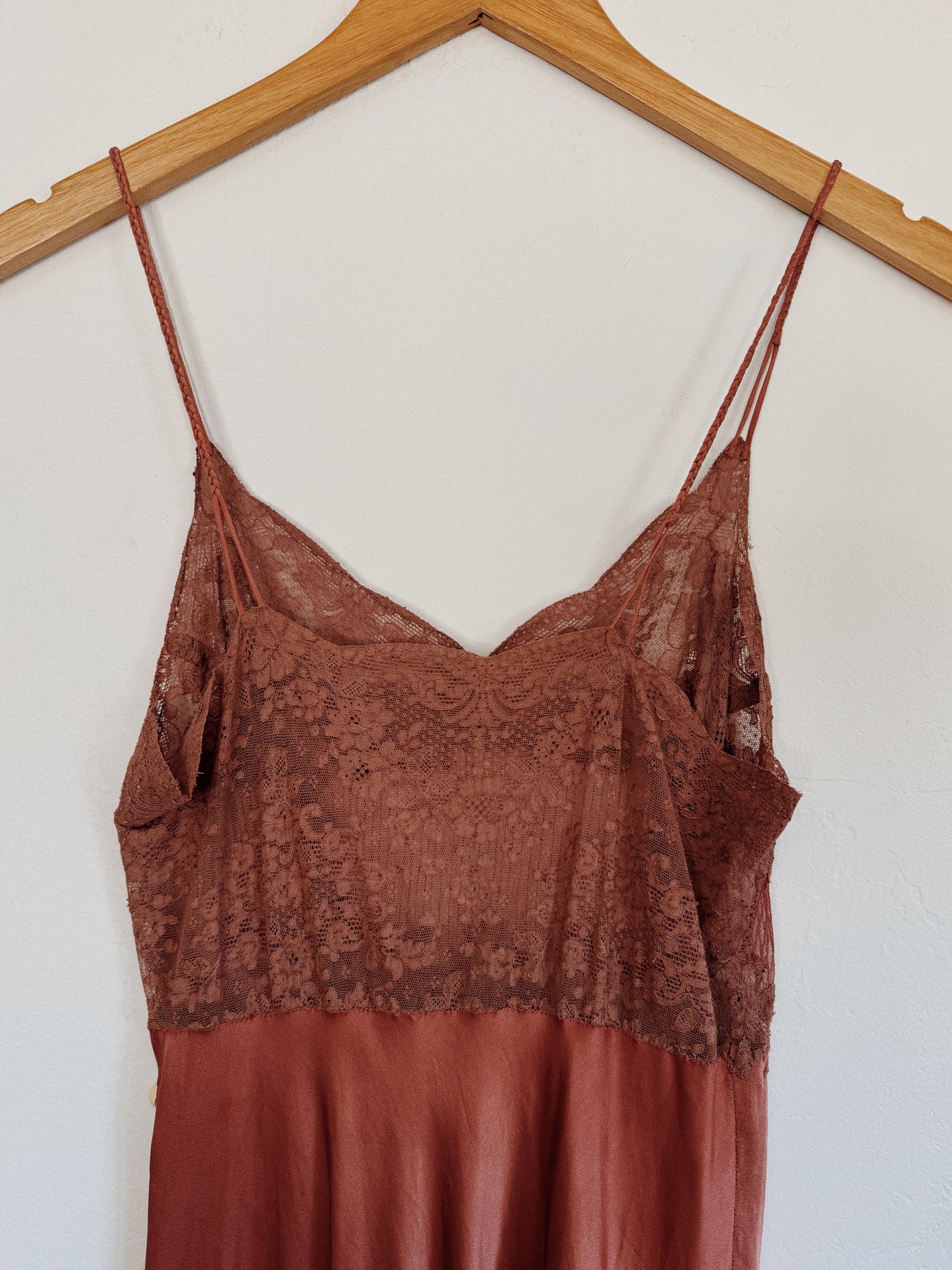 1930s Brown Silk + Lace Slip Dress w/ Braided Straps- XS/S
