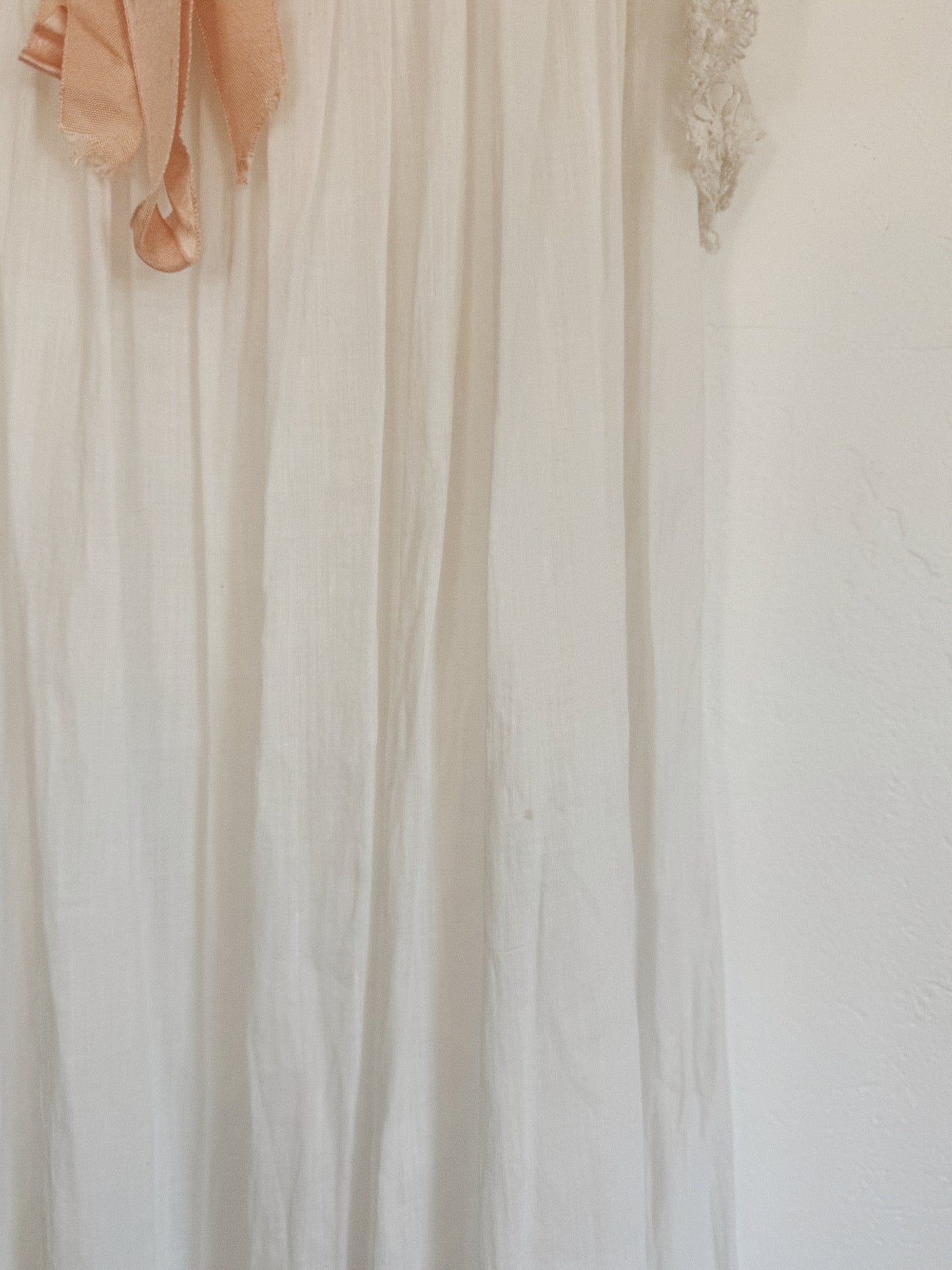 Victorian White Cotton Nightgown w/ Crocheted Trim + Pink Ribbon- XS- S/M