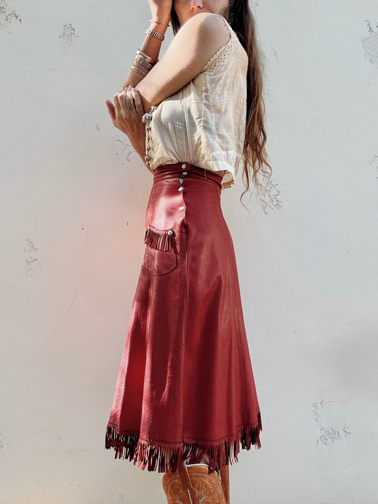 1930s/40s Western Oxblood Red Leather Fringe Cowgirl Skirt- S
