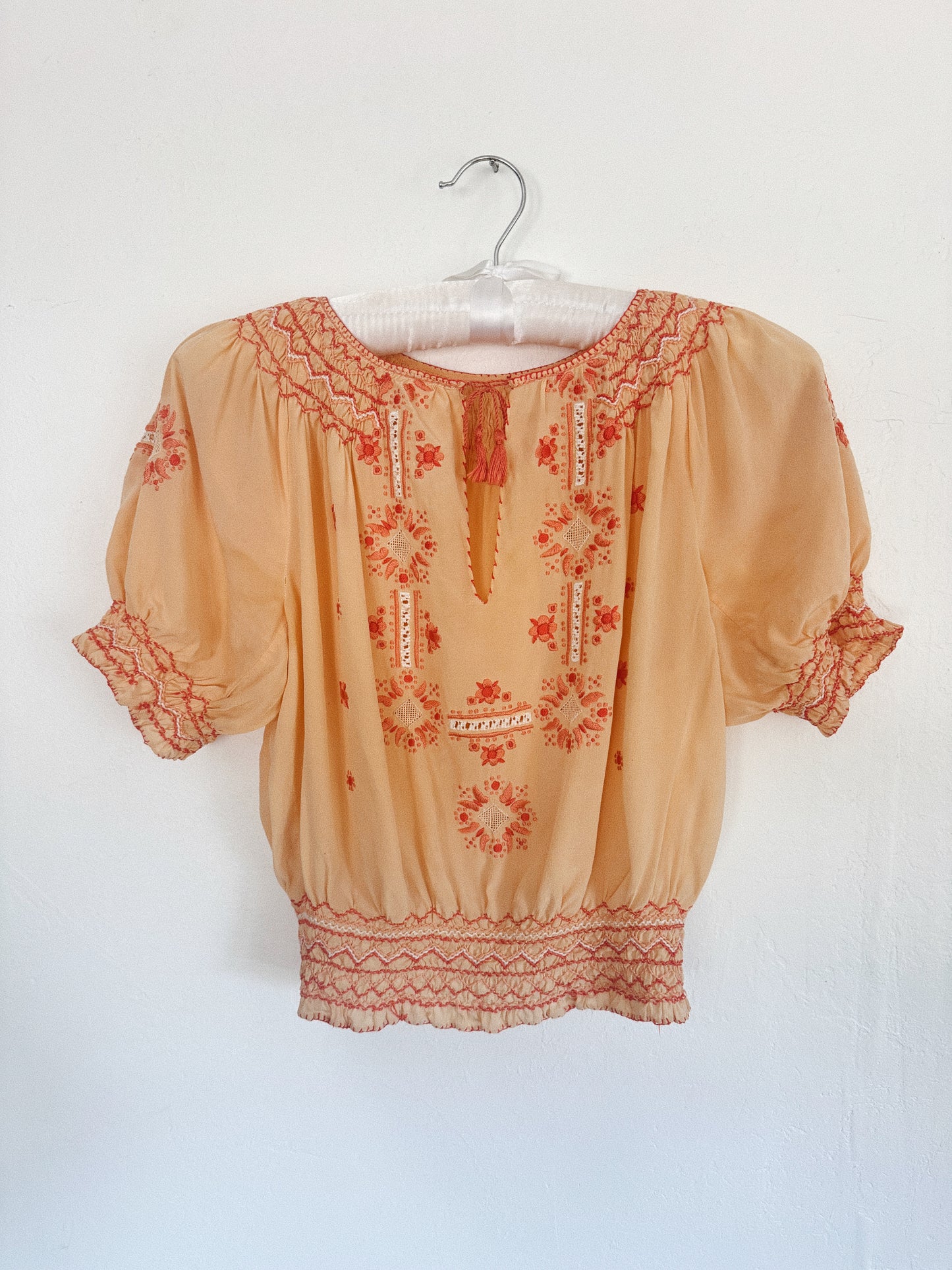 1930s Peach Silk Hungarian Peasant Blouse w/ Floral + Butterfly Embroidery- S/M