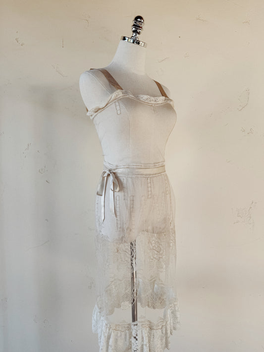 1930s White Net + Lace Dress w/ Silk Ribbon- XS/S
