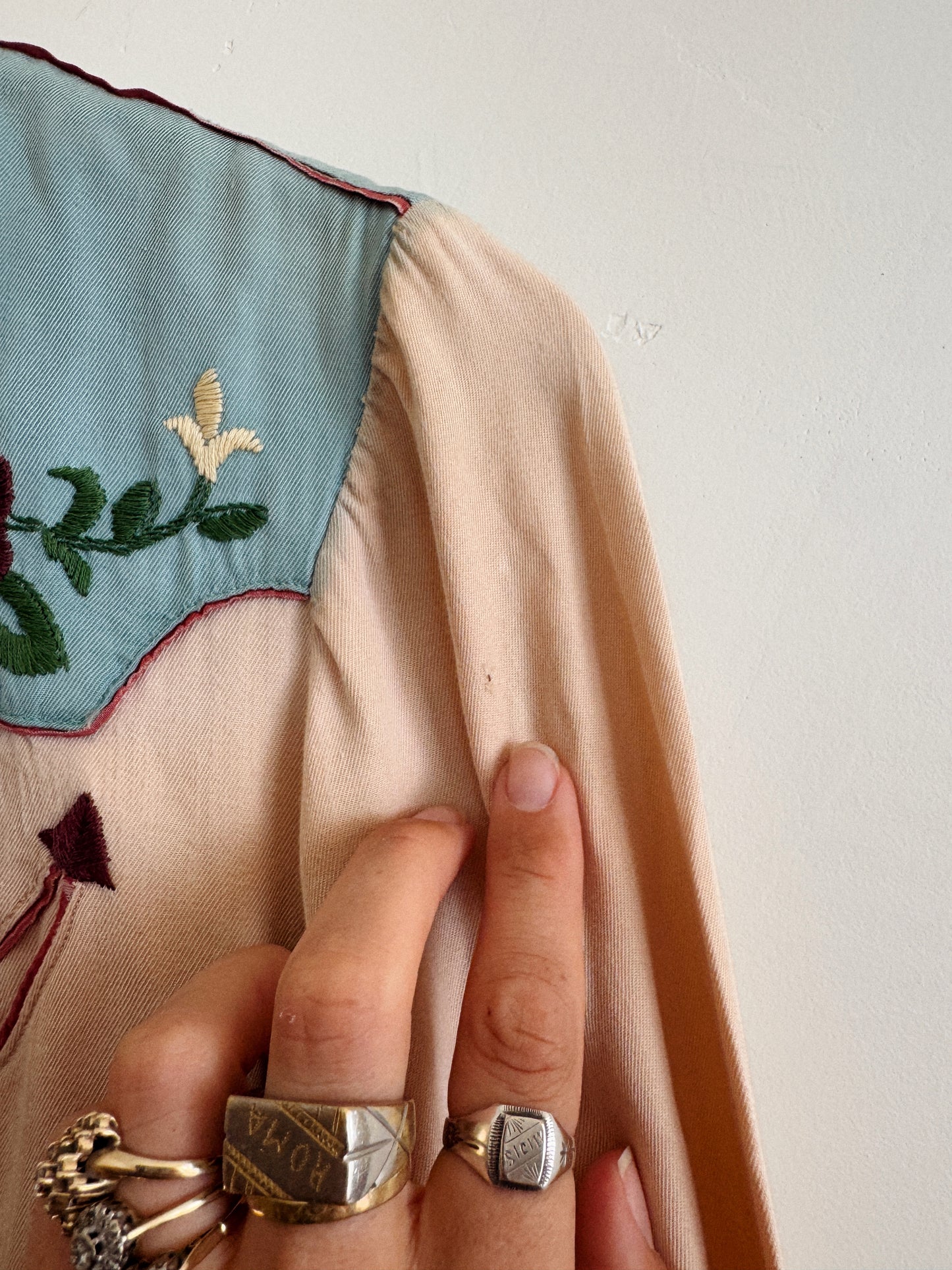 1950s Sky Blue + Purple Embroidered Western Blouse- S/M