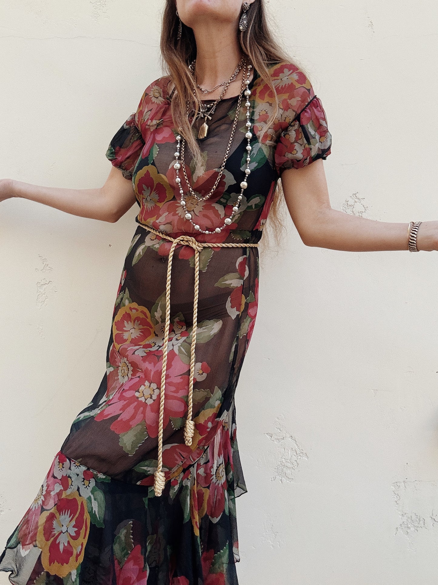 1930s Black Floral Chiffon Full Length Gown- S/M