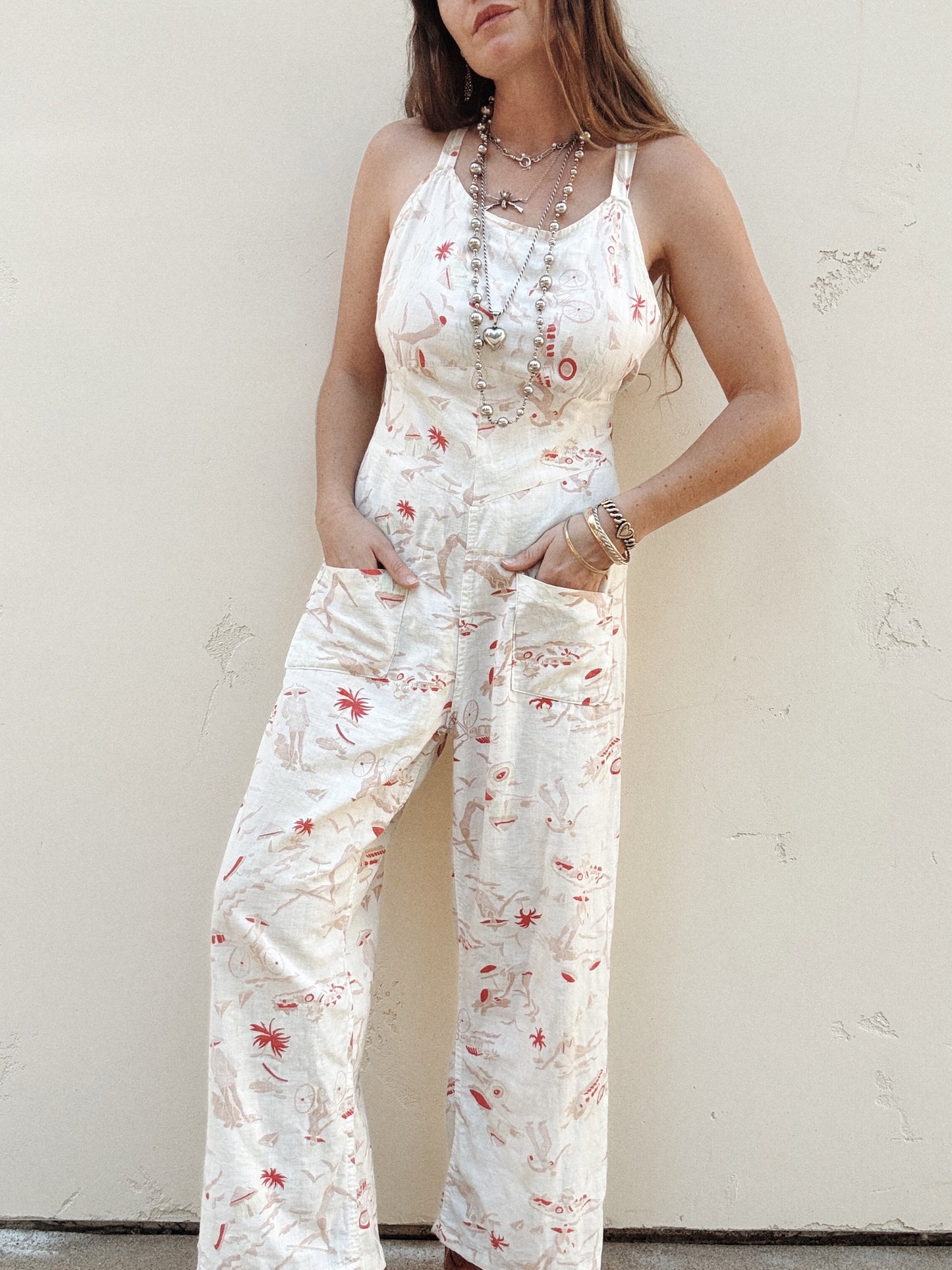 1930s Novelty Summertime Print Beach Pajama Jumpsuit- M