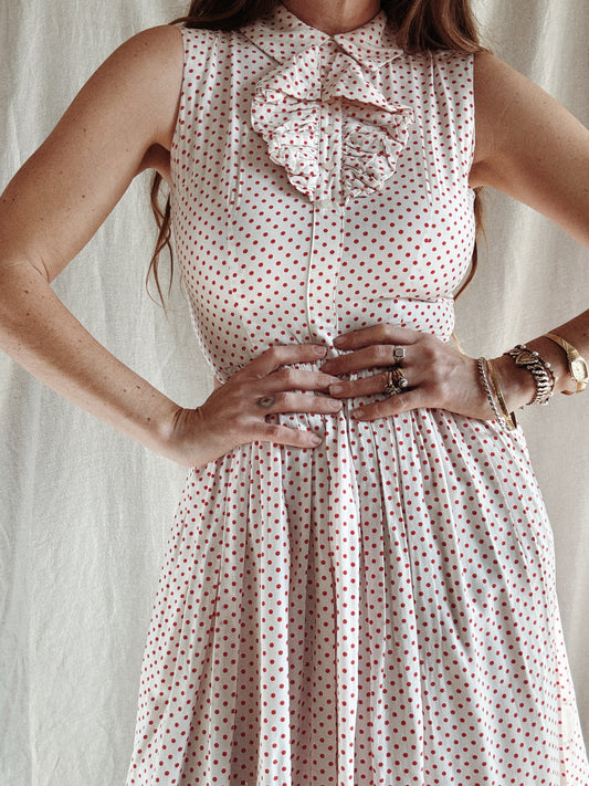 1940s/50s Cold Rayon White + Red Polka Dot Day Dress- S