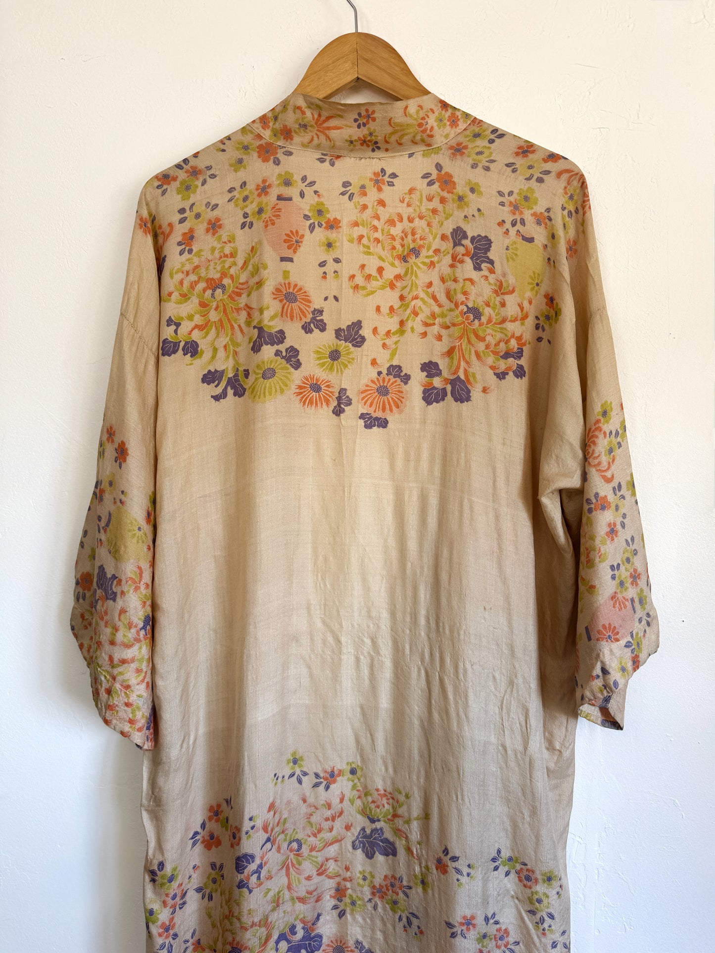 1920s Chartreuse + Periwinkle Pongee Silk Duster Robe