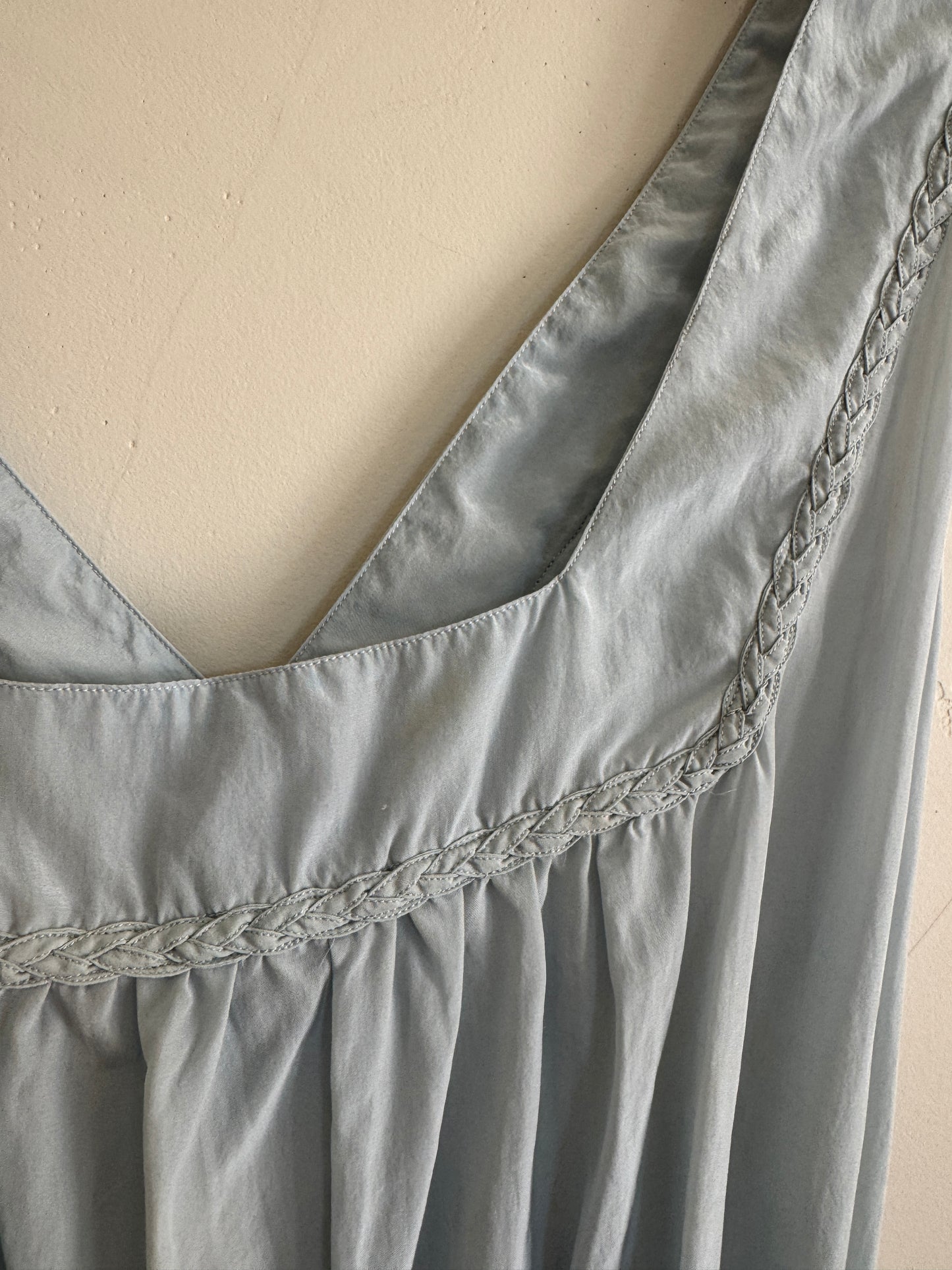 1940s Icy Blue Silk Crepe Slip w/ Braided Trim + Sash- S/M-M