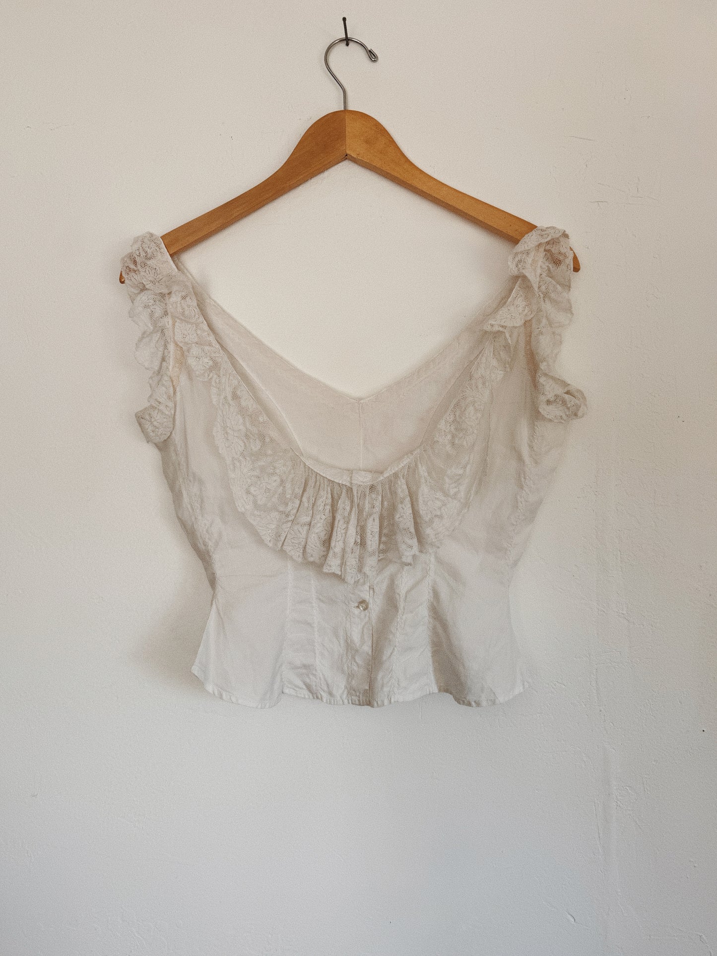 Antique Pure White Cotton + Ruffled Lace Corset Cover- S