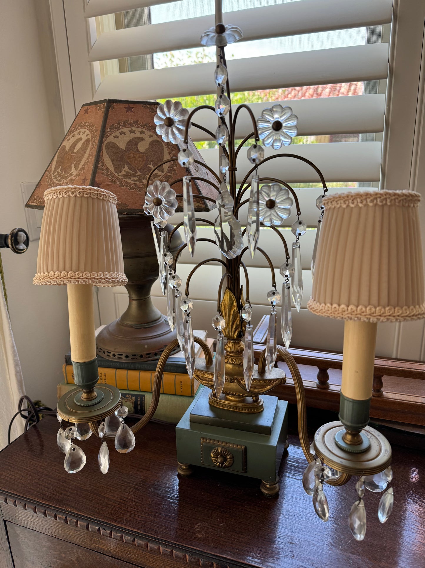 Pair Mid Century French Girandoles Accent Lamps w/ Crystal Accents