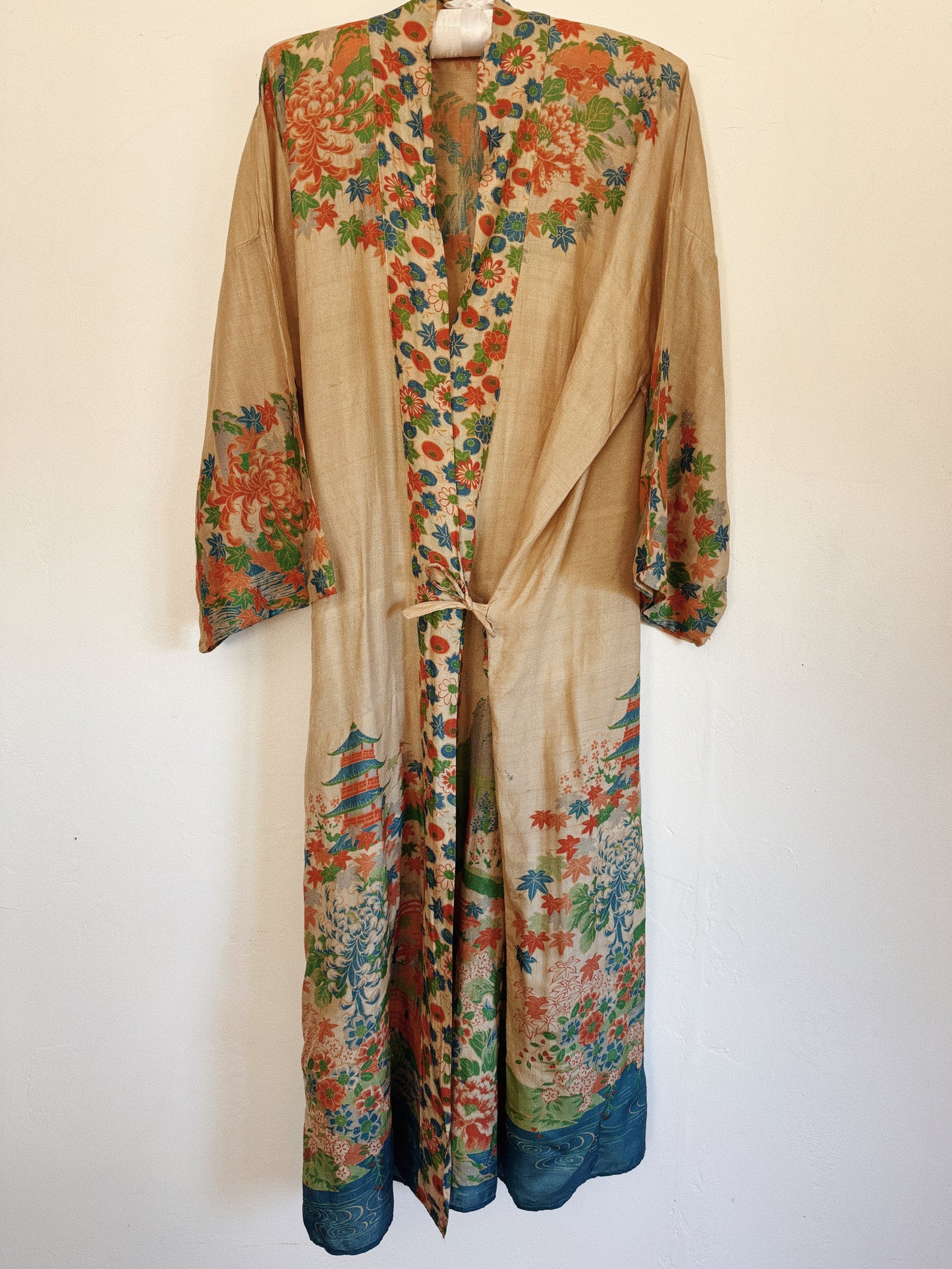 1920s Pongee Silk Printed Duster Robe- O/S