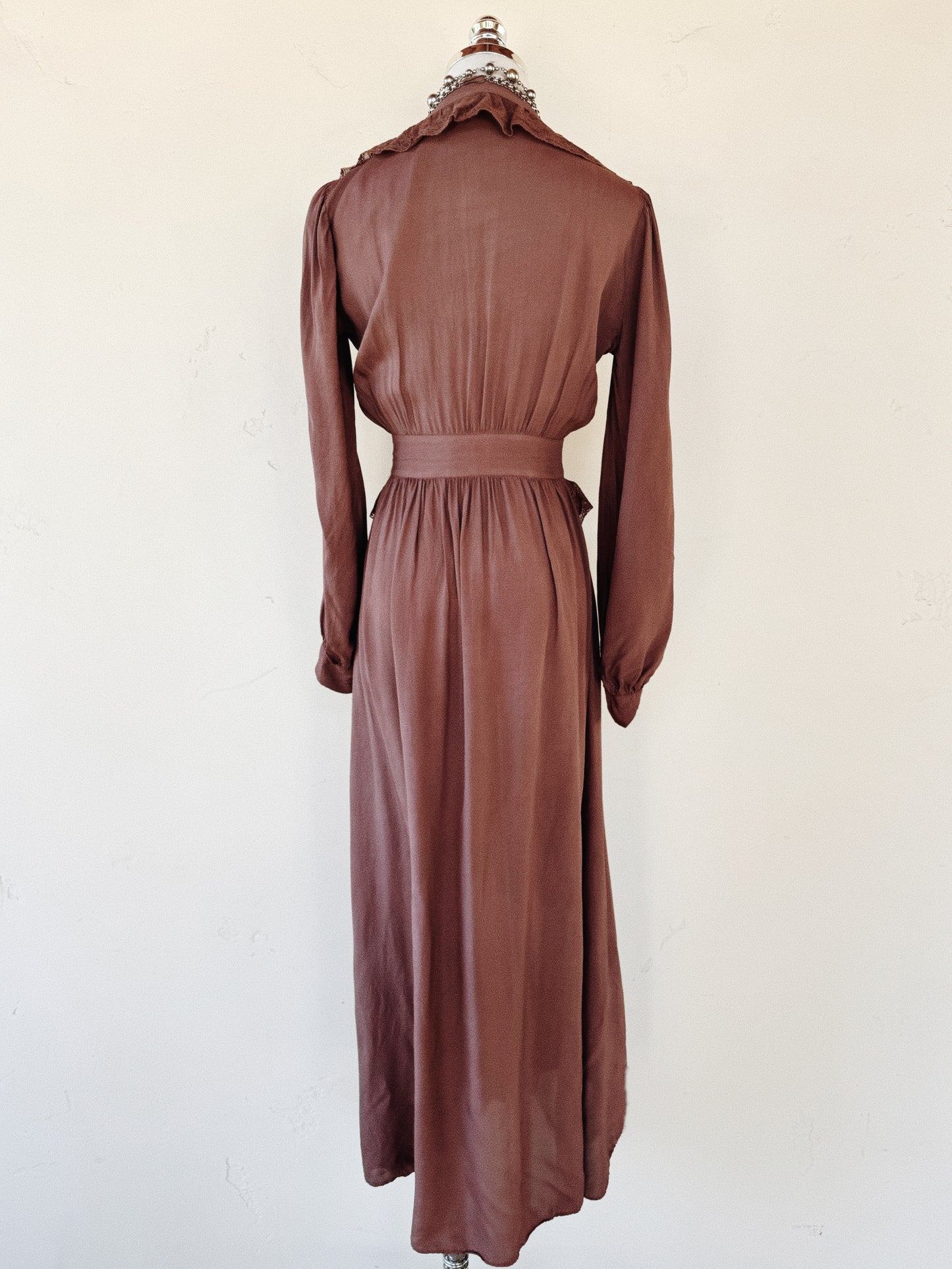 1940s Brown Rayon + Lace Peignoir- XS/S