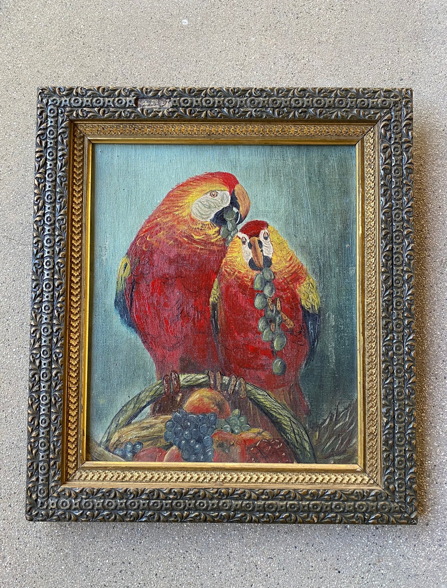 Antique Oil Painting of Parrots in Gilt Frame, Dated 1919- 16 x 18”