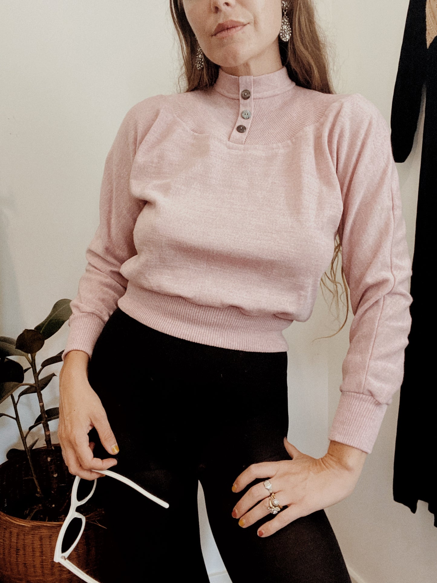 1940s French Pale Lilac Cropped Mock Neck Sweater- M