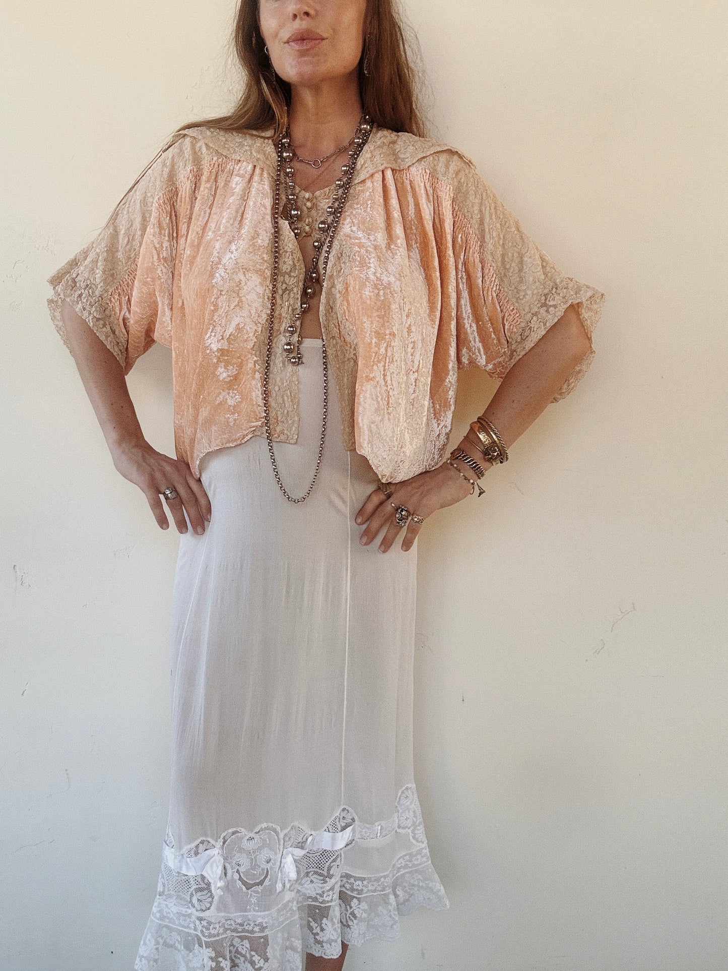 1930s Ruched Bubblegum Crushed Velvet + Lace Bed Jacket w/ Oversized Collar- M-L