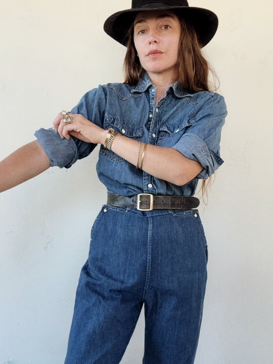 1950s Studded Dark Wash Denim Western Side Zip Pants- 30” Waist