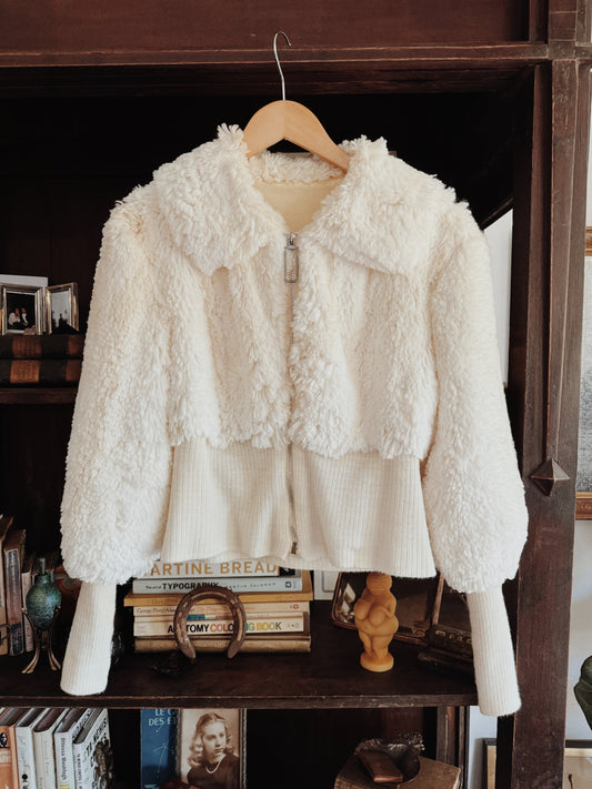 1970s White Cropped Faux Fur Jacket w/ Mutton Sleeves- M/L