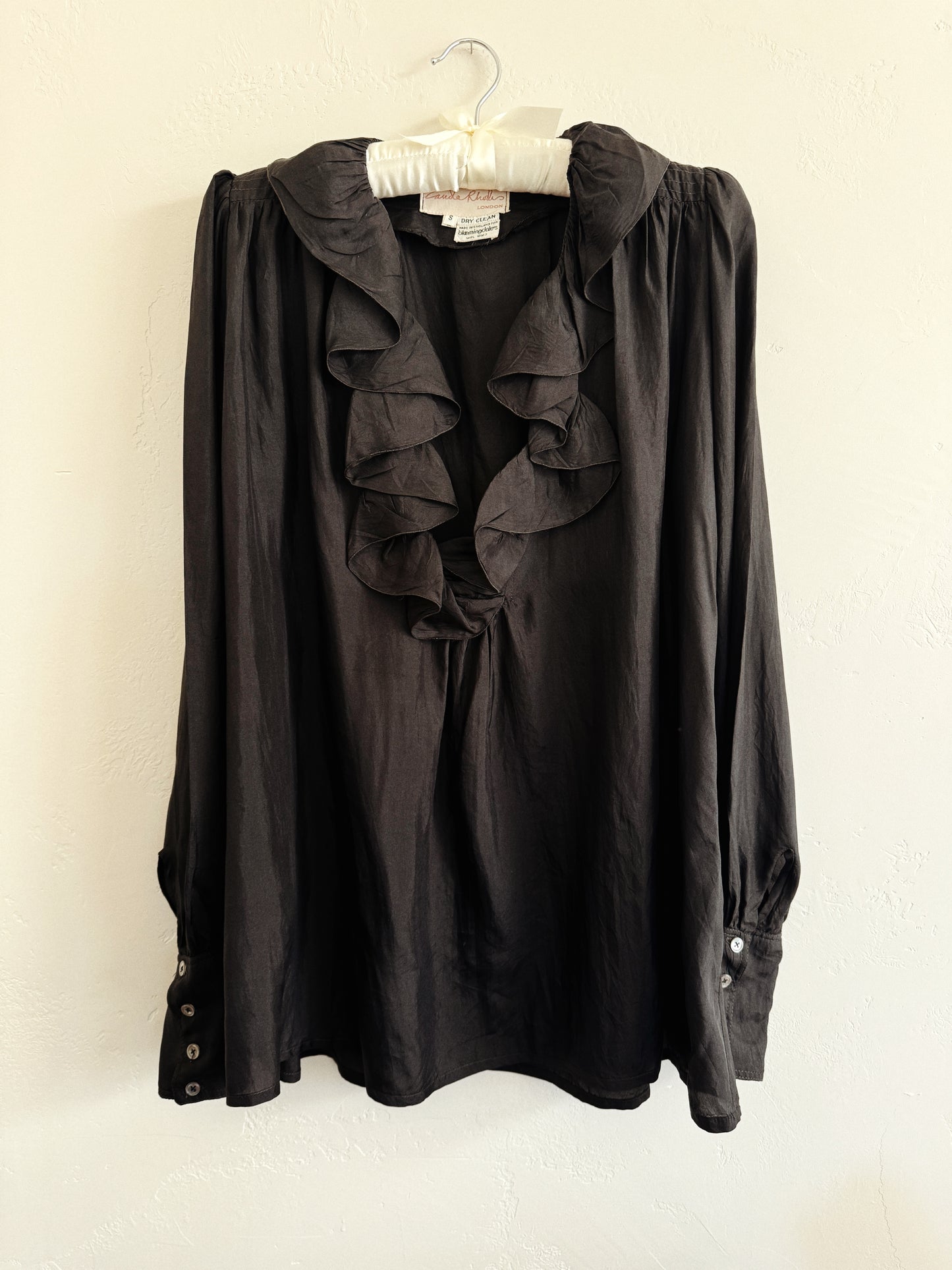 1970s Zandra Rhodes Black Silk Ruffled Tunic Blouse- S-S/M