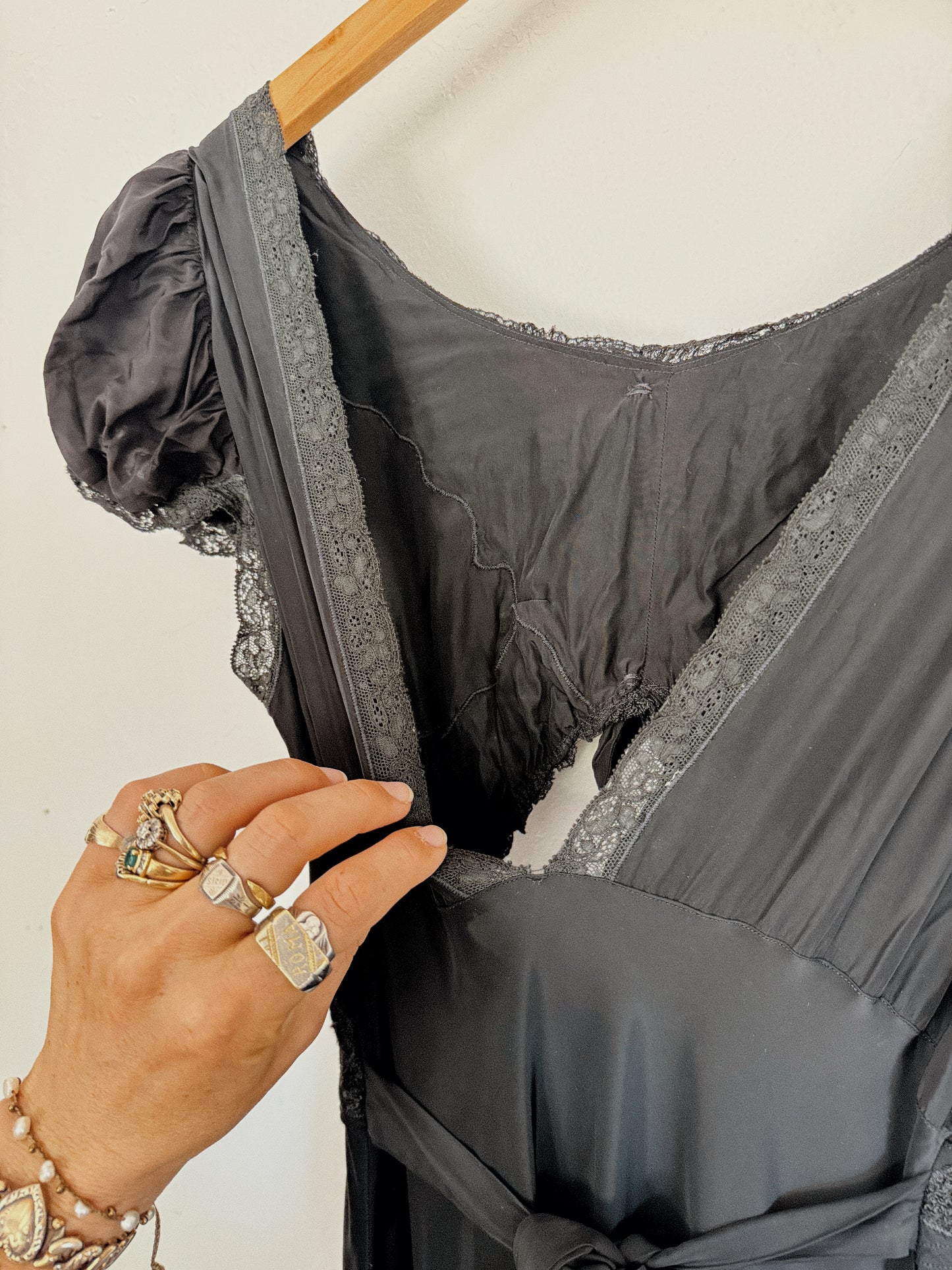 1930s Black Sultry Rayon Silk Keyhole Lace Slip Dress w/ Caplet Shoulders- S-S/M