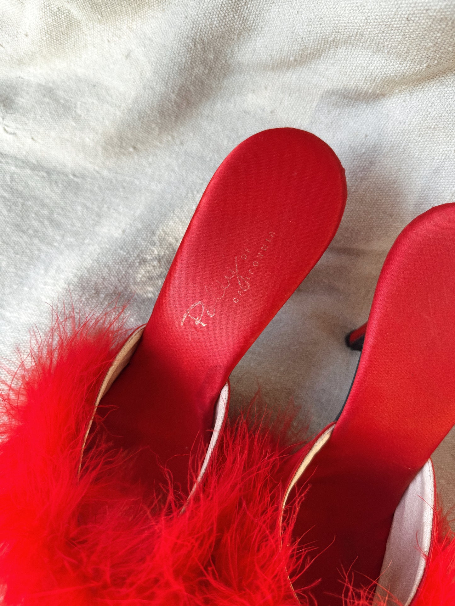 1950s Fire Red Marabou Feather Boudoir Satin Heels- 8