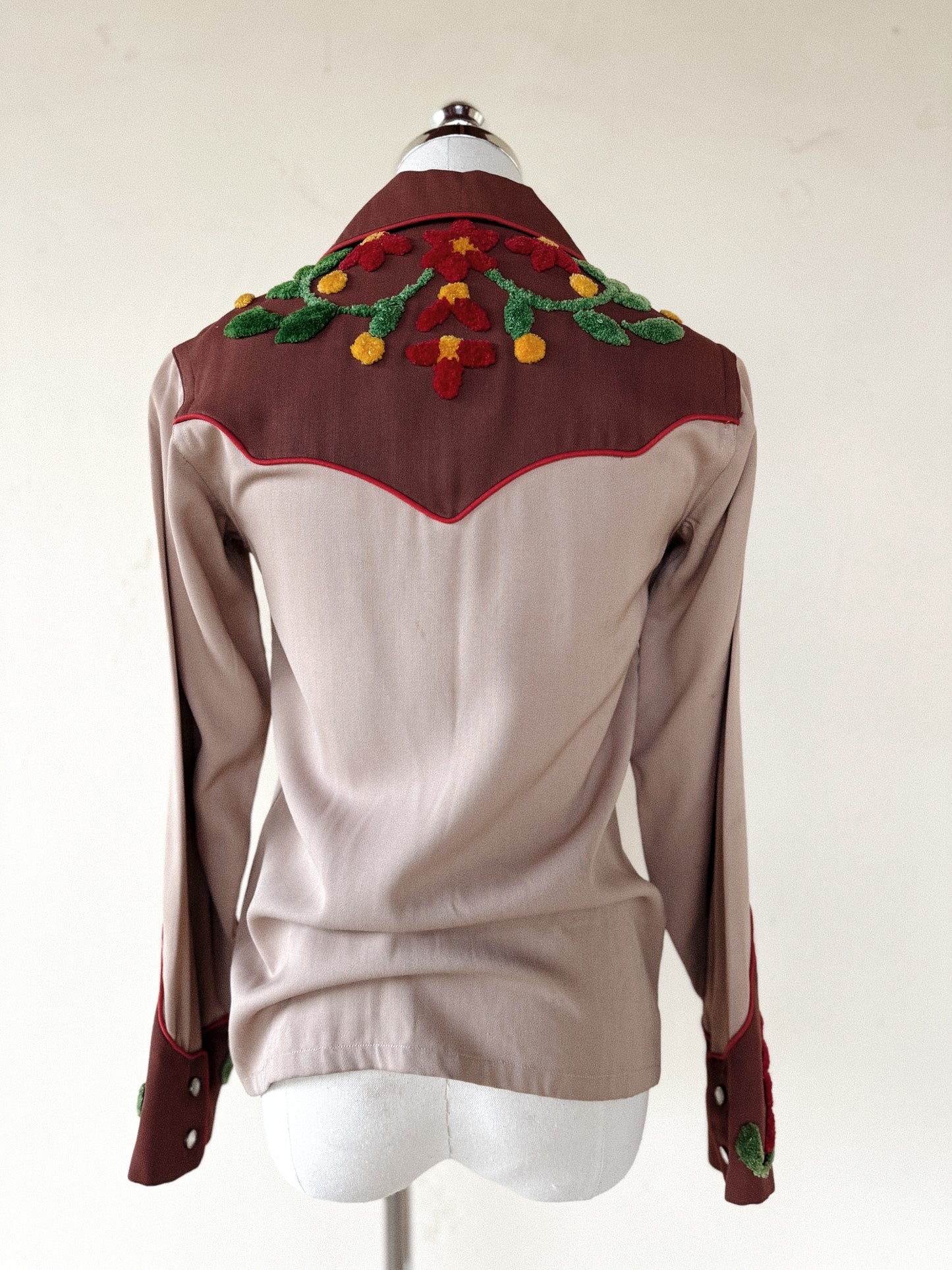 1940s/50s Gabardine Western Top w/ Chenille Floral Appliqué- S-S/M