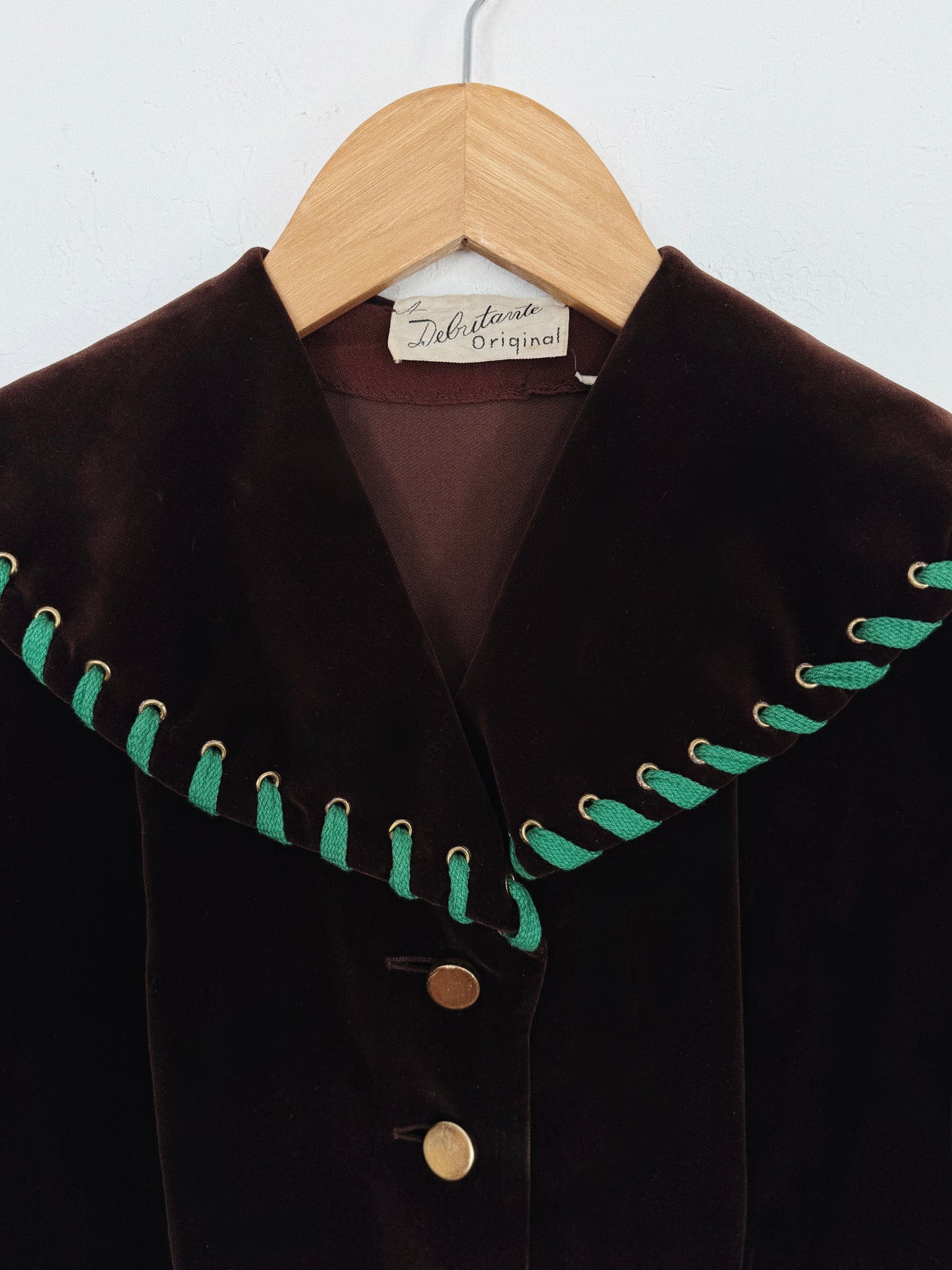 1940s Chocolate Velvet Top w/ Green Laced Trim + Brass Buttons- S-S/M